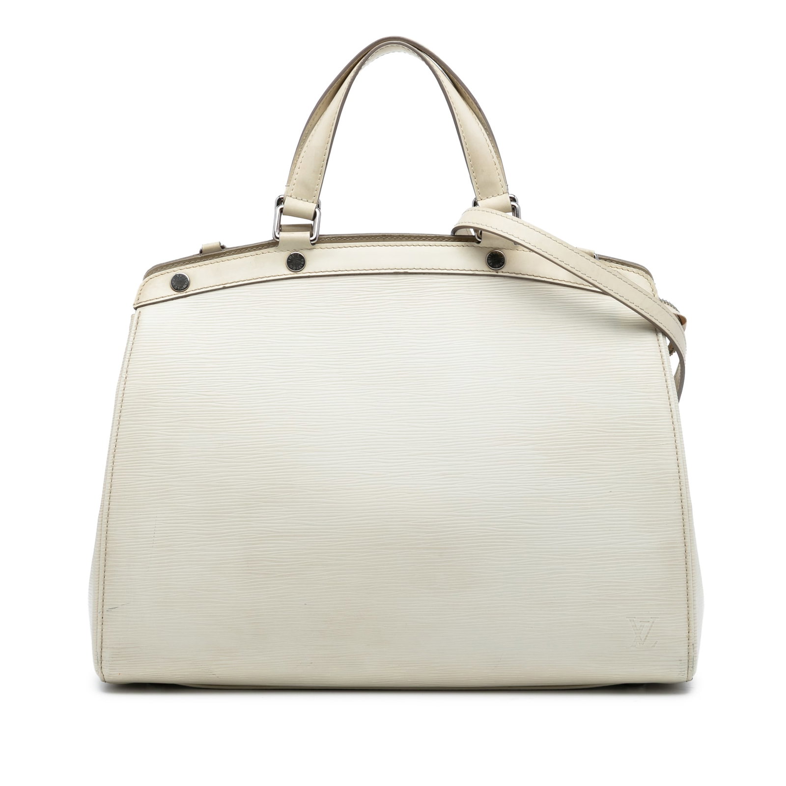 White Epi Leather Brea GM Shoulder Bag by Louis Vuitton with Strap: White Epi Leather Brea GM Shoulder Bag by Louis Vuitton with Strap The Louis Vuitton Epi Brea GM features a white epi leather body with flat leather handles and a detachable, adjustable flat leather s