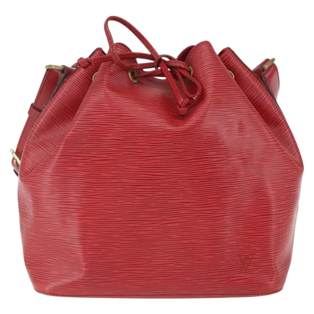 Louis Vuitton Petit Noe Red Leather Drawstring Handbag: Louis Vuitton Petit Noe Red Leather Drawstring Handbag Louis Vuitton Petit Noe bag in red Epi leather. This vintage piece shows honest wear consistent with good condition, including shape loss, rubbin