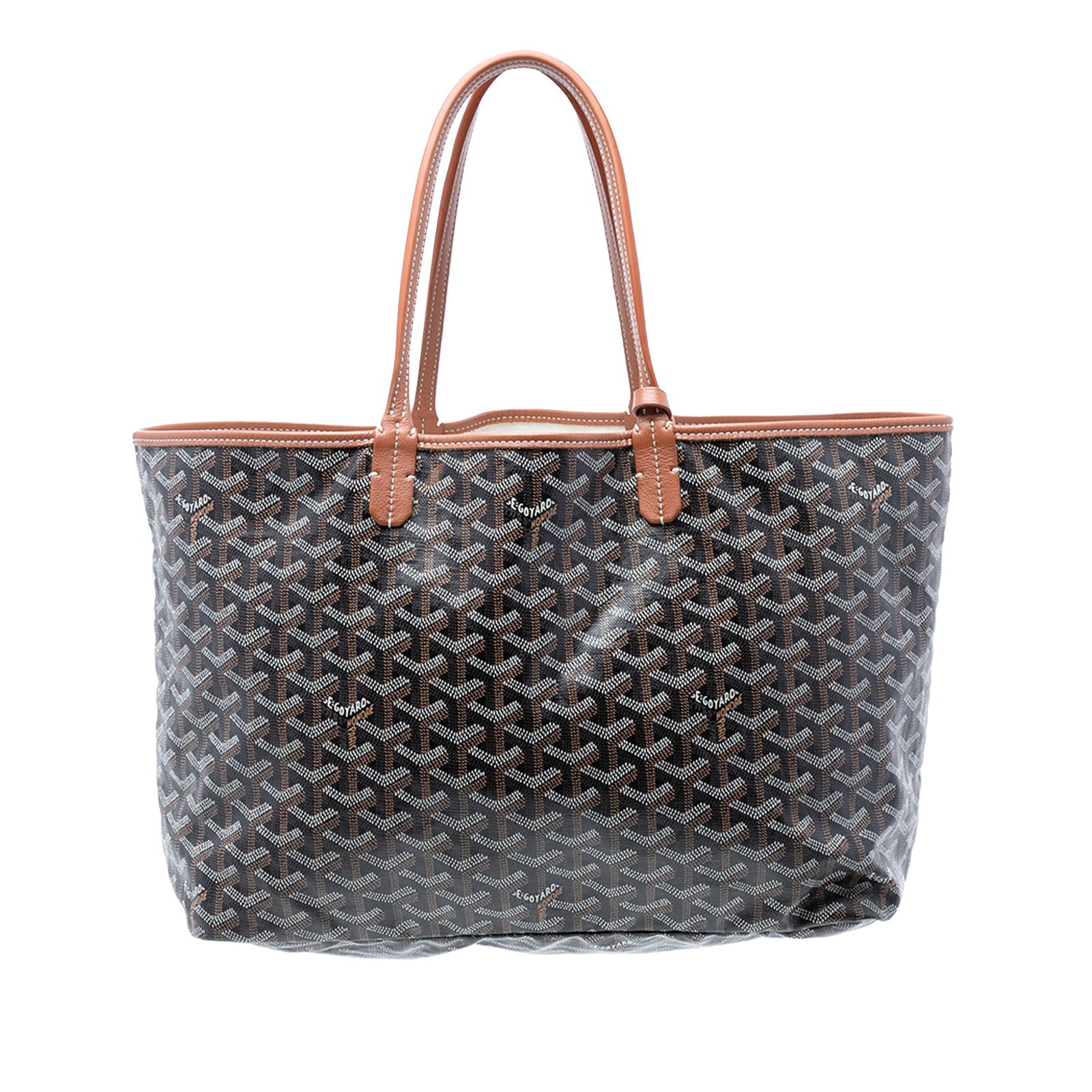 Goyard Saint Louis PM coated canvas tote black: Goyard Saint Louis PM coated canvas tote black This Goyardine Saint Louis PM bag features a coated canvas body with leather trim, flat leather straps, and an open top. The straps have been repainted. 