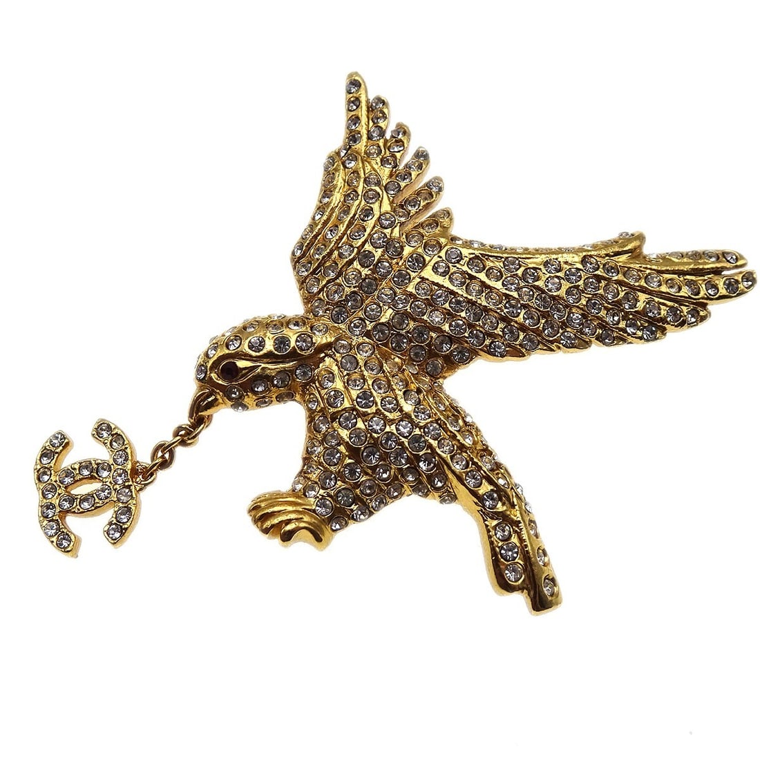 CHANEL 01P Eagle Brooch Gold Plated Rhinestone Pin: CHANEL 01P Eagle Brooch Gold Plated Rhinestone Pin Chanel brooch pin in a gold-plated finish with rhinestone accents. Made in France, this piece is identified as 01P and comes with its box. Condition 