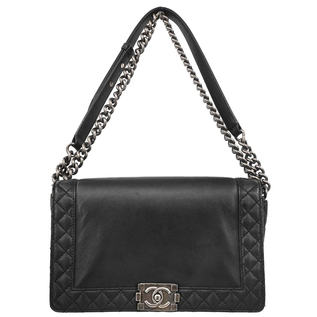 CHANEL Boy Medium Shoulder Bag Black Soft Lambskin Chain Strap: CHANEL Boy Medium Shoulder Bag Black Soft Lambskin Chain Strap Vintage Chanel Boy medium shoulder bag in black soft lambskin with a push-lock closure and chain shoulder strap. The bag features a quilt