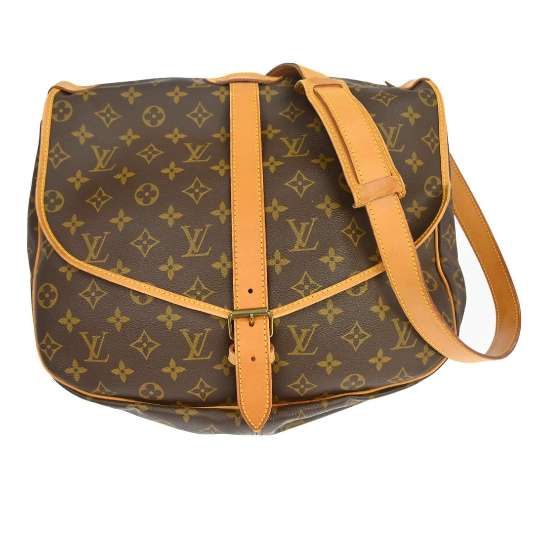 Louis Vuitton Saumur 35 Monogram Crossbody Shoulder Bag M42254: Louis Vuitton Saumur 35 Monogram Crossbody Shoulder Bag M42254 Vintage Louis Vuitton Saumur 35 shoulder bag in brown Monogram canvas with leather trim and a buckle closure. This medium unisex bag feat