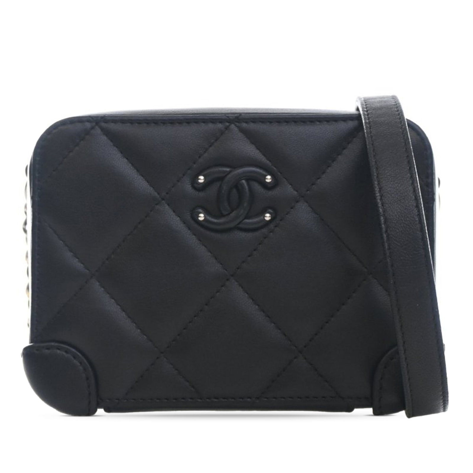 Chanel black quilted lambskin camera crossbody bag: Chanel black quilted lambskin camera crossbody bag This Chanel Mini Quilted Lambskin Covered CC Camera Bag is crafted from black quilted lambskin leather and features a zip-around closure. It includes