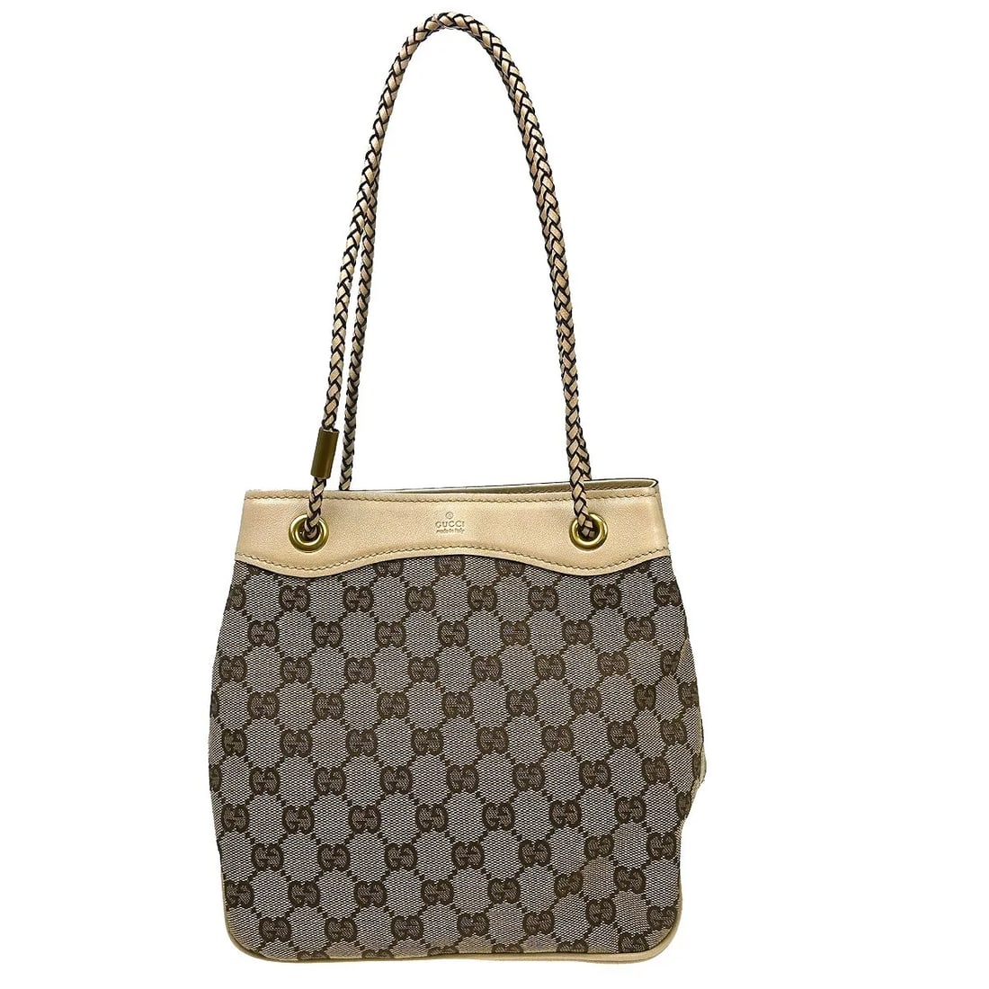 Gucci Miss GG Tote Handbag Beige Canvas Leather Trim: Gucci Miss GG Tote Handbag Beige Canvas Leather Trim Gucci Miss GG Tote in beige canvas with leather trim. This tote shows good overall condition with scuff marks on the exterior and minor signs of us