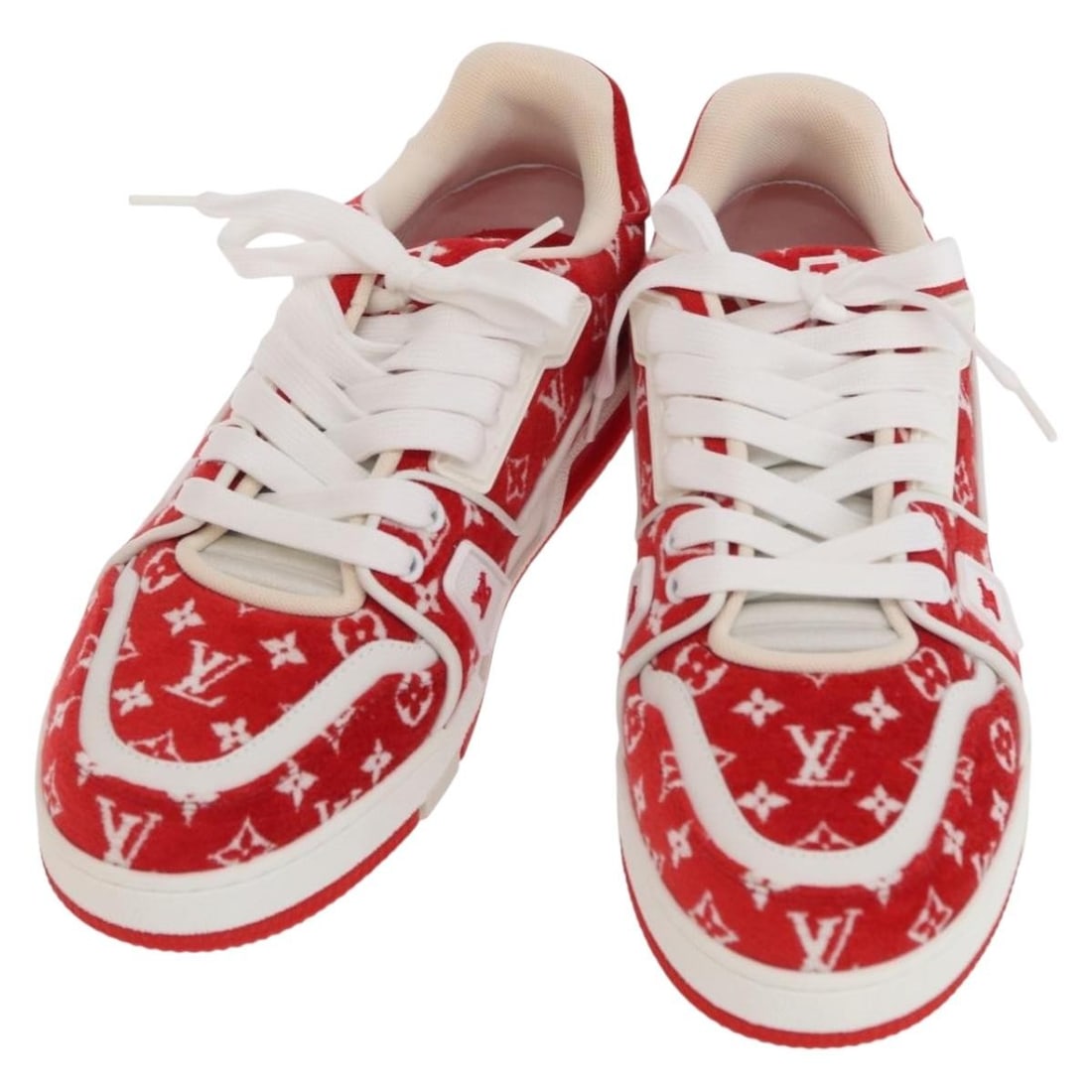 Louis Vuitton Rainer Monogram Canvas Red Sneakers LD0233 with Dust Bag and Box: Louis Vuitton Rainer Monogram Canvas Red Sneakers LD0233 with Dust Bag and Box These Louis Vuitton Rainer Line fabric sneakers feature the iconic Monogram canvas in a striking red and monogram color c