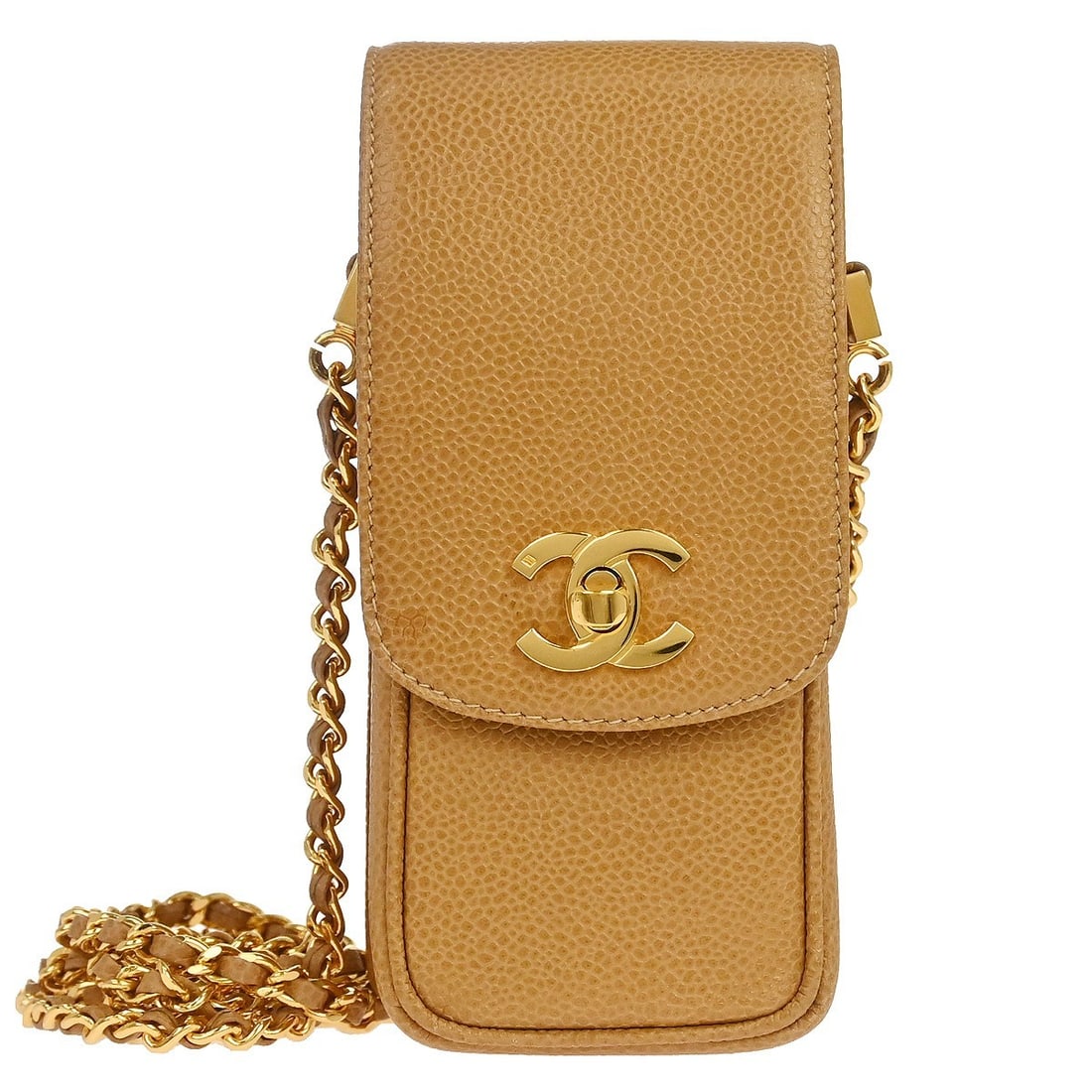 CHANEL Chain Shoulder Bag Beige Caviar Leather Phone Pochette: CHANEL Chain Shoulder Bag Beige Caviar Leather Phone Pochette Chanel chain shoulder bag pochette phone case in beige caviar skin leather with a flap closure, gold-color hardware, and logo accent. The 