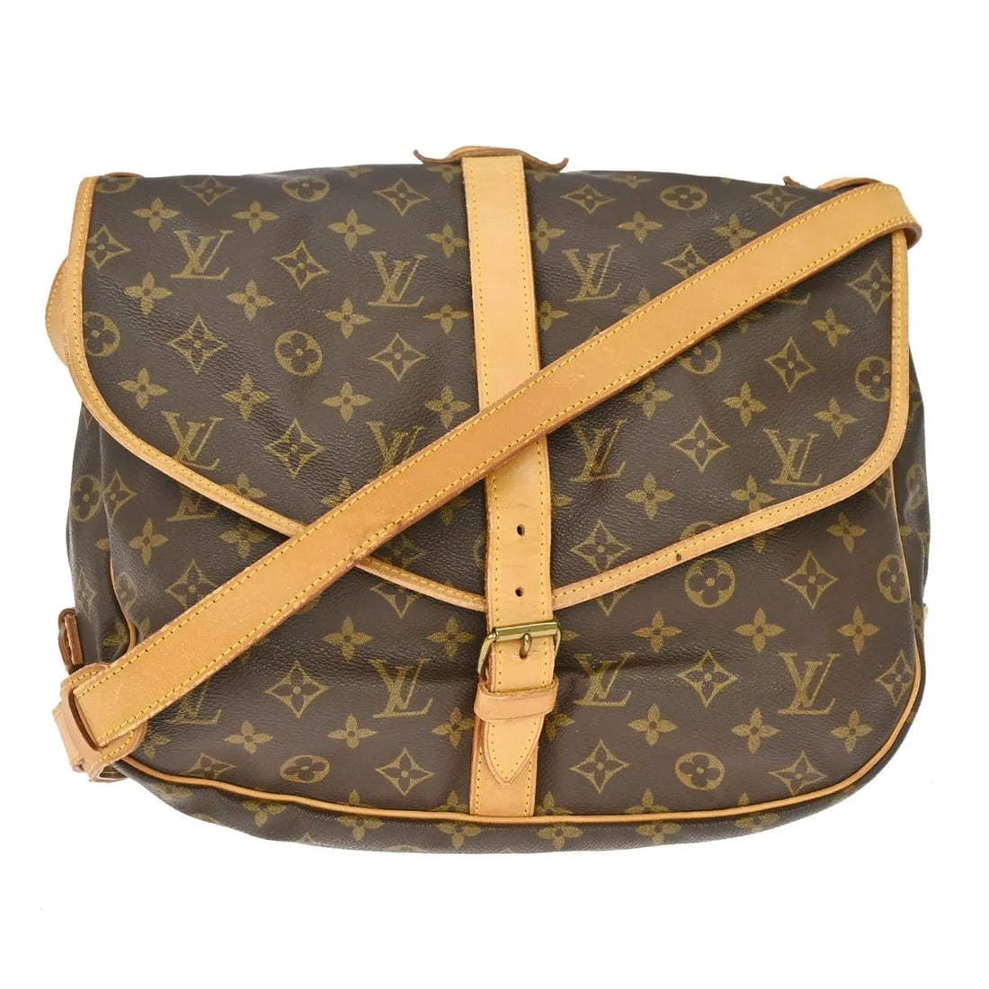 Louis Vuitton Saumur Brown Canvas Handbag: Louis Vuitton Saumur Brown Canvas Handbag Louis Vuitton Saumur shoulder bag in brown monogram canvas. Made in France, this piece is presented in fair condition with visible wear throughout, including 