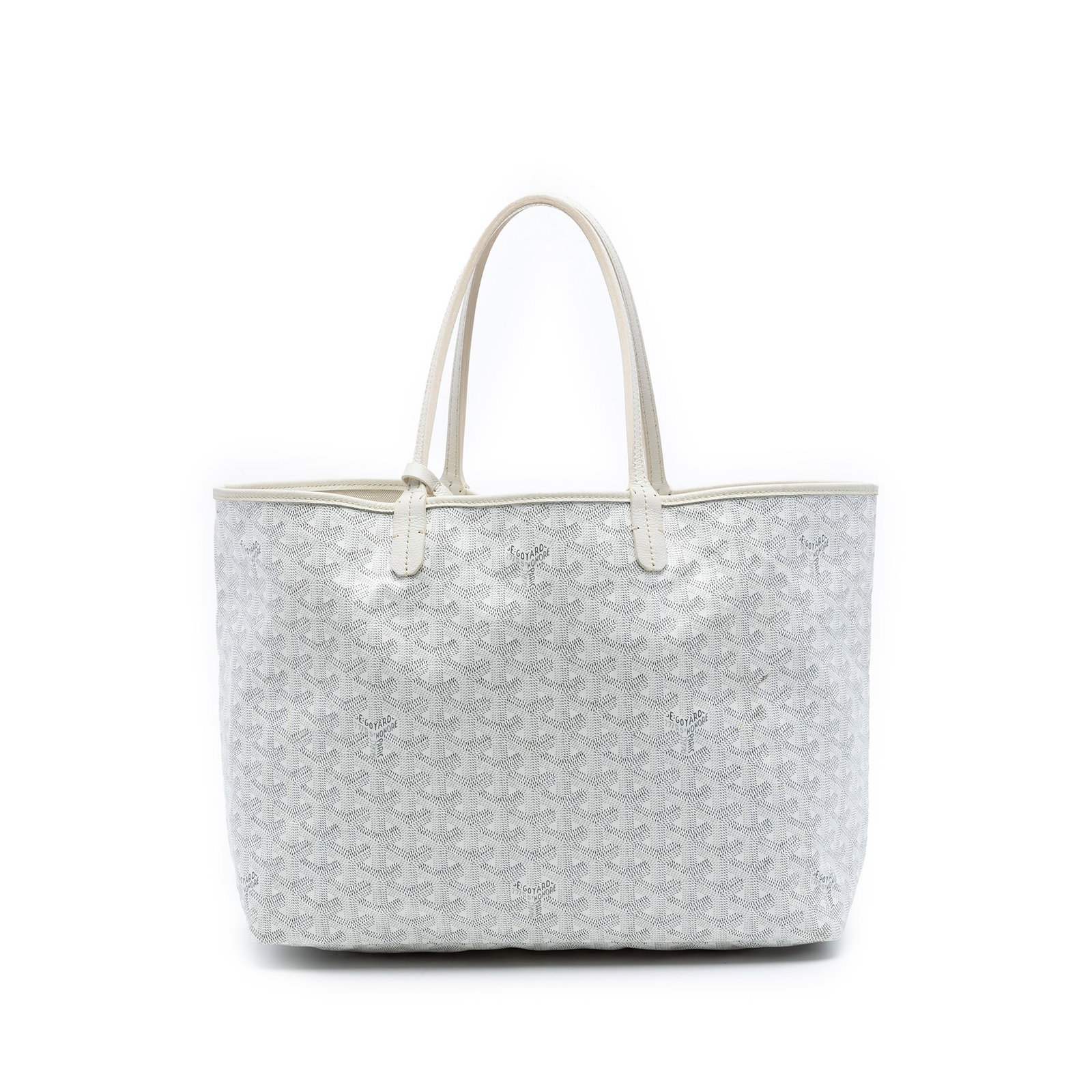 Goyard Saint Louis PM white coated canvas tote with pouch: Goyard Saint Louis PM white coated canvas tote with pouch This Goyardine Saint Louis PM bag features a coated canvas body with leather trim, flat leather straps, an open top, and includes a pouch. The