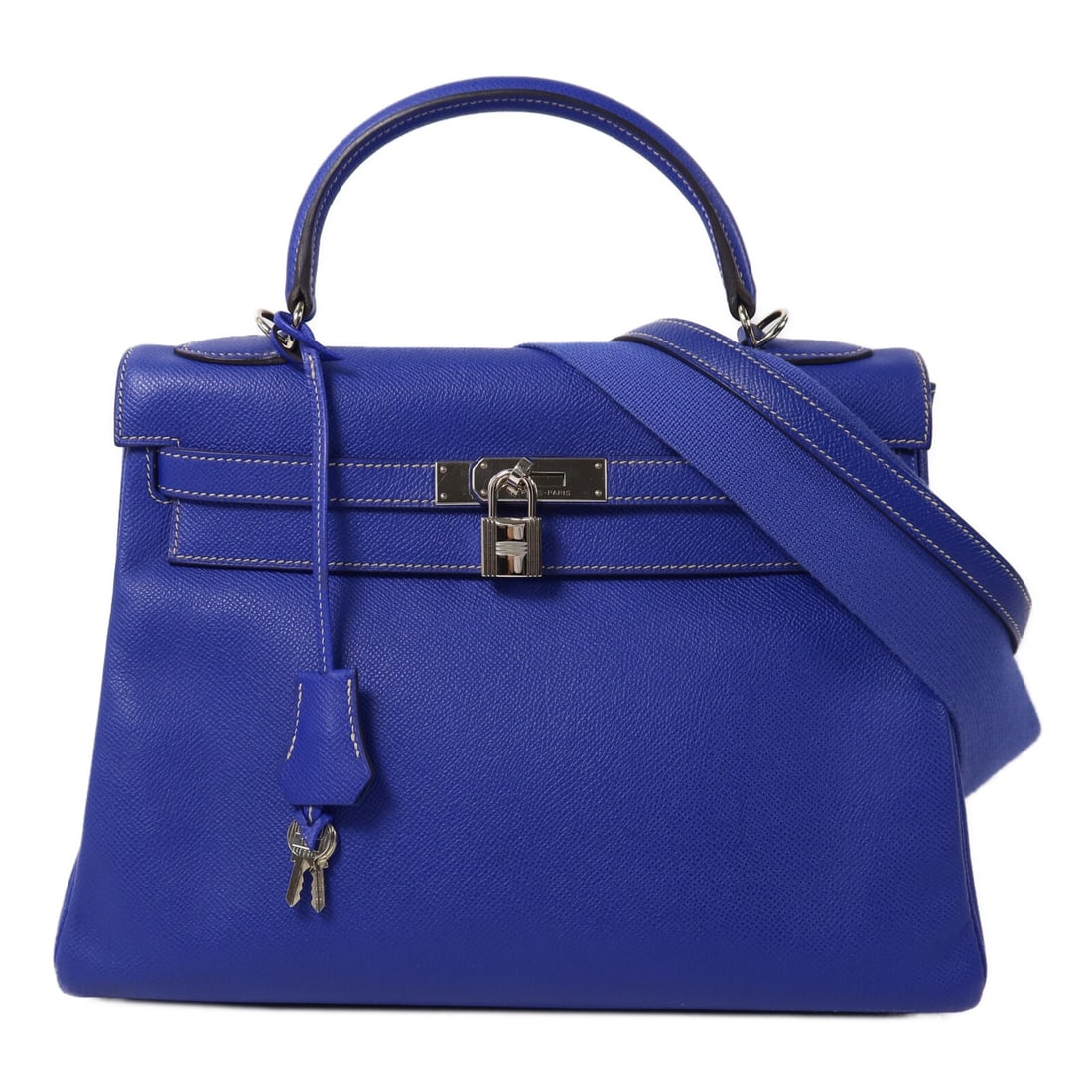 Hermes Kelly 32 Bleu Electrique Epsom Leather Shoulder Bag PHW: Hermes Kelly 32 Bleu Electrique Epsom Leather Shoulder Bag PHW This Hermes Kelly 32 two-way shoulder bag is crafted from Veau Epsom calfskin leather in a striking Bleu Electrique color. Designed for v