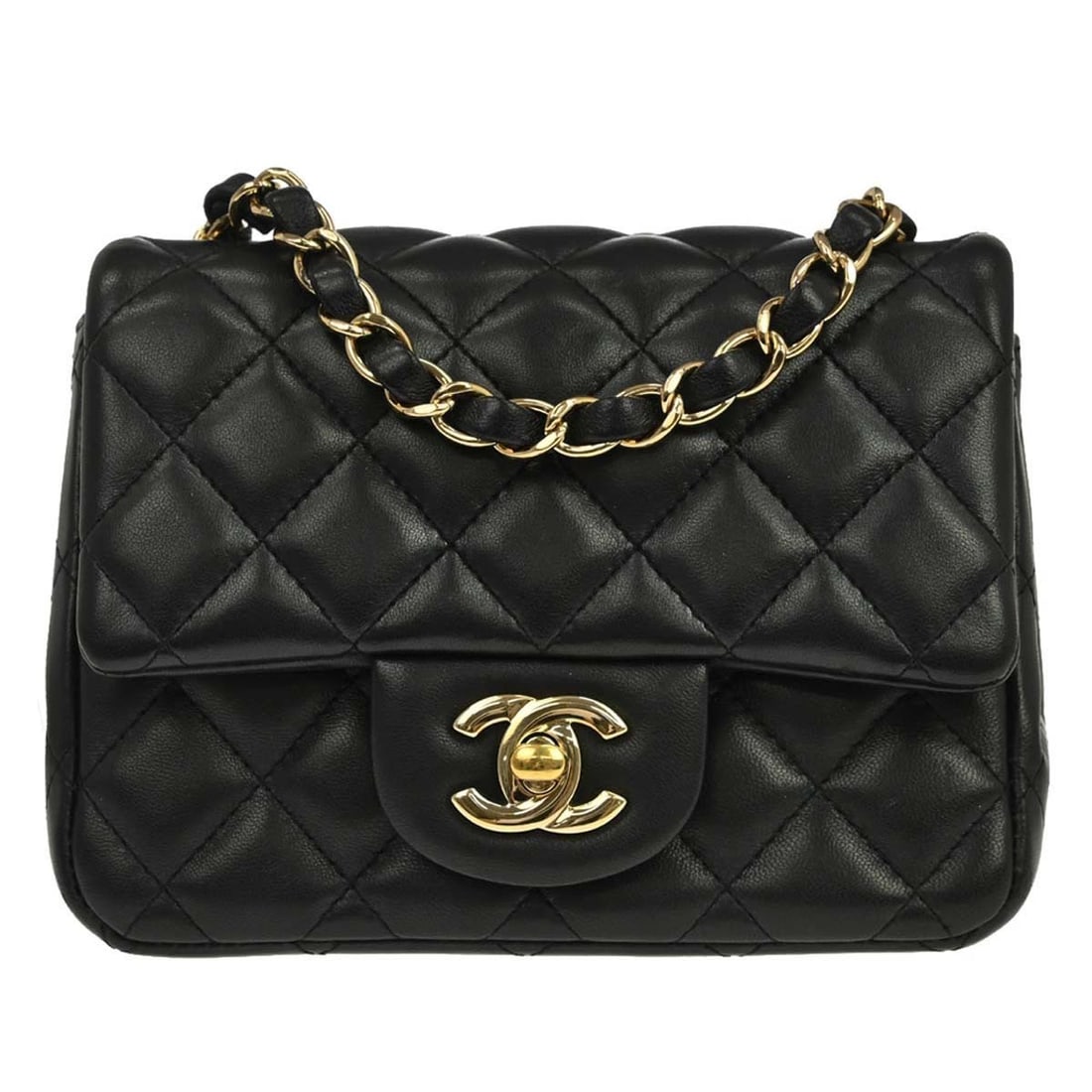 CHANEL Classic Flap Mini Square Lambskin Shoulder Bag Black: CHANEL Classic Flap Mini Square Lambskin Shoulder Bag Black Chanel Classic Flap Mini Square shoulder bag in black lambskin leather with signature matelasse quilting and a flap turnlock closure. This s