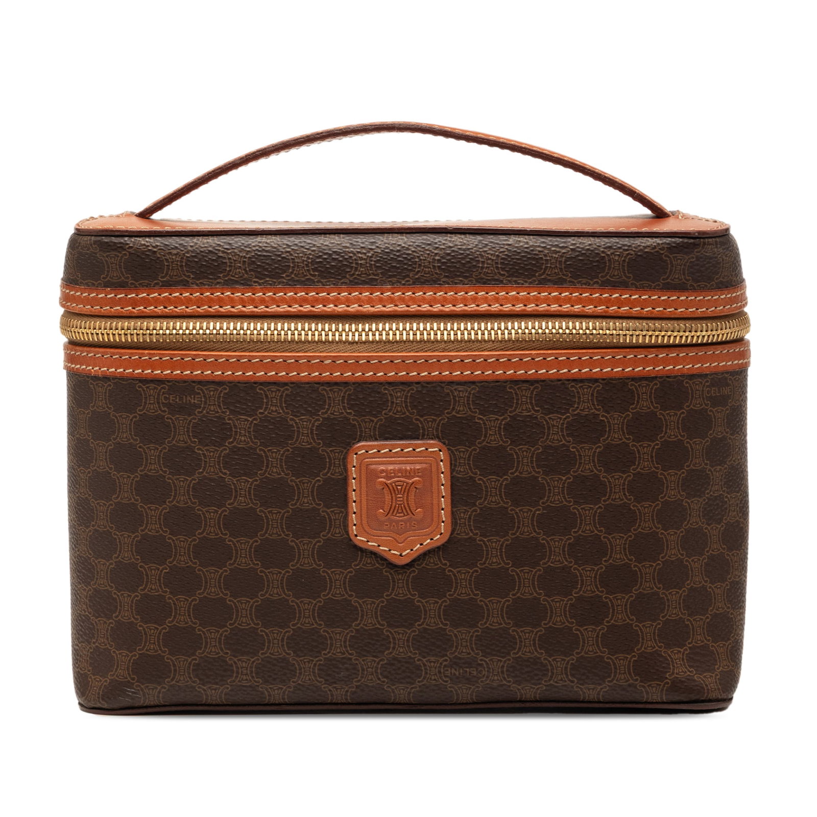 Celine Macadam vanity bag coated canvas leather trim: Celine Macadam vanity bag coated canvas leather trim This Celine Macadam vanity bag is crafted from coated canvas with leather trim, featuring a flat leather top handle and a zip-around closure. The b