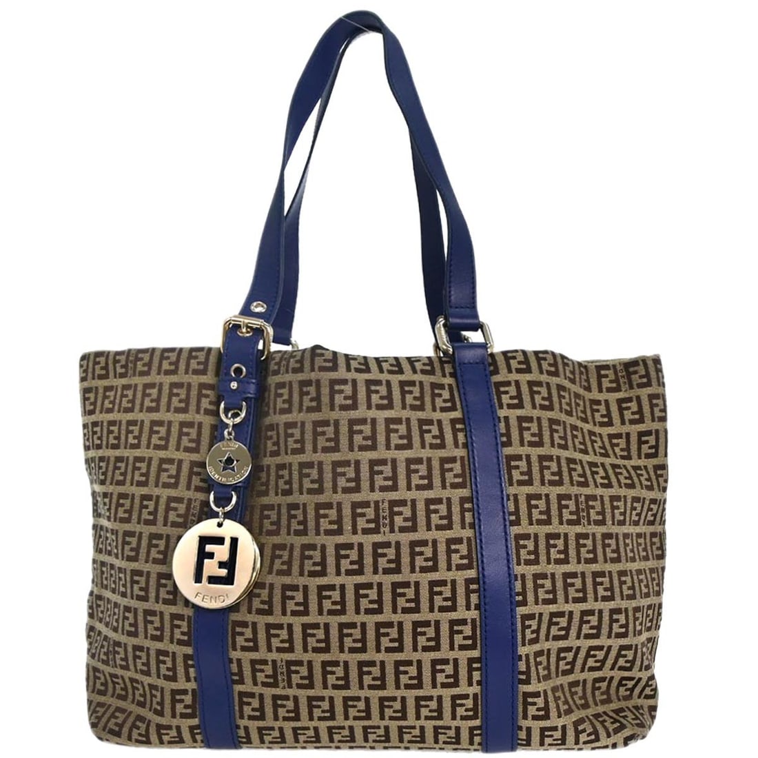 Fendi Zucchino Medium Canvas Leather Tote Beige Blue 8BH215-EY5: Fendi Zucchino Medium Canvas Leather Tote Beige Blue 8BH215-EY5 Fendi Zucchino tote bag in beige with blue handles and logo-accented canvas and leather construction. This medium tote features a zip cl