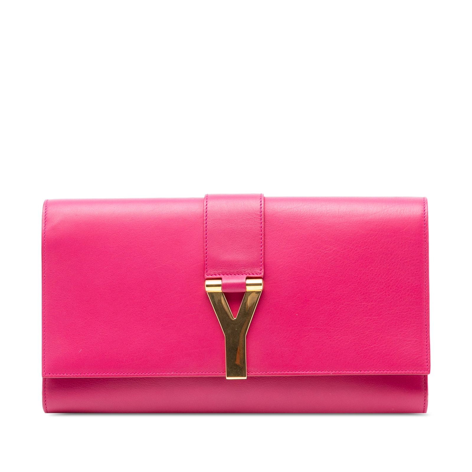 Pink Leather Chyc Ligne Clutch with Gold Y Hardware by Saint Laurent: Pink Leather Chyc Ligne Clutch with Gold Y Hardware by Saint Laurent This Saint Laurent Chyc Ligne Clutch features a pink leather exterior with a front flap accented by gold-tone Y hardware and a magn