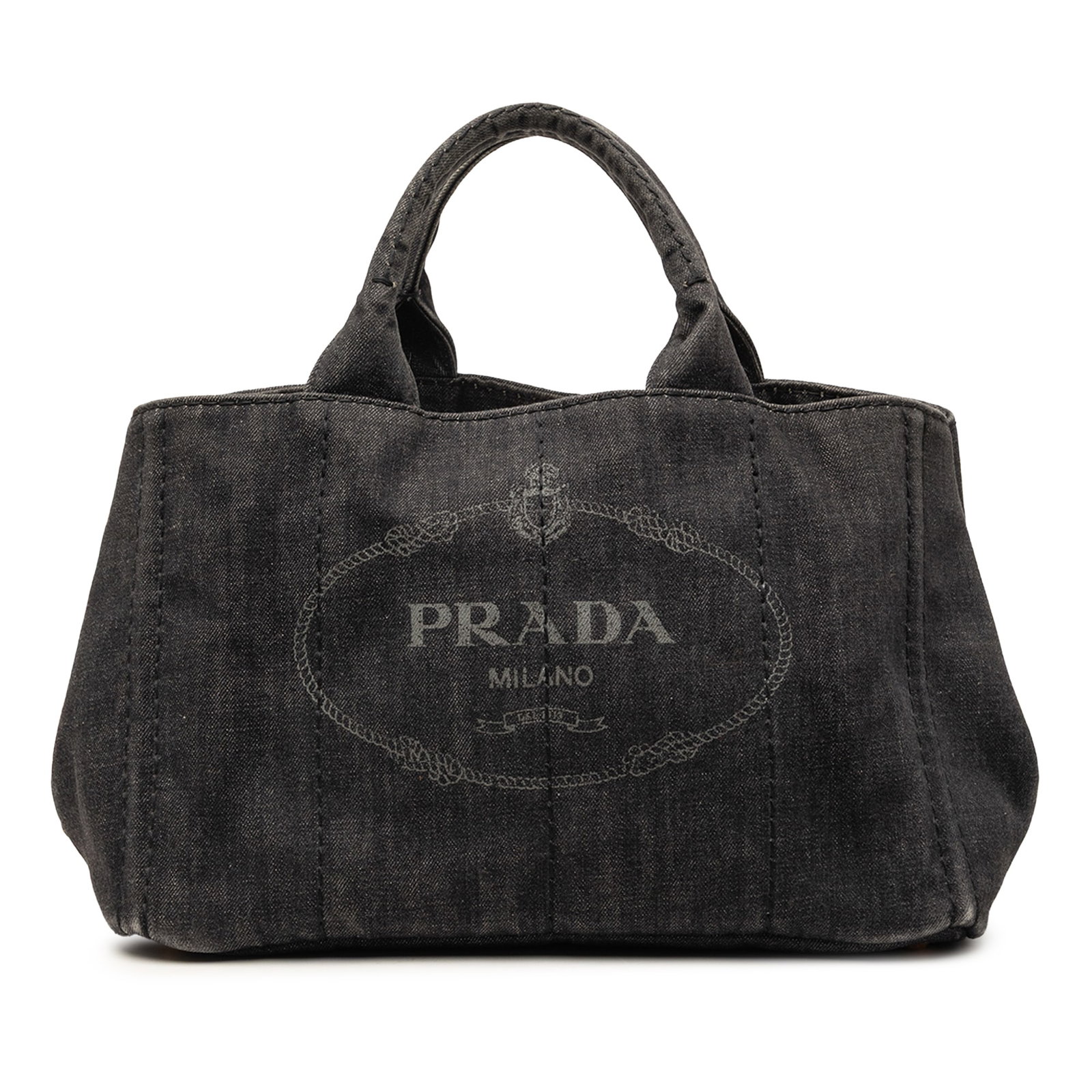 Prada Canapa Logo Denim Satchel Black Fabric Italy: Prada Canapa Logo Denim Satchel Black Fabric Italy This Prada Denim Canapa Logo Satchel features a black denim fabric body with rolled handles and an open top. The interior includes both zip and slip 