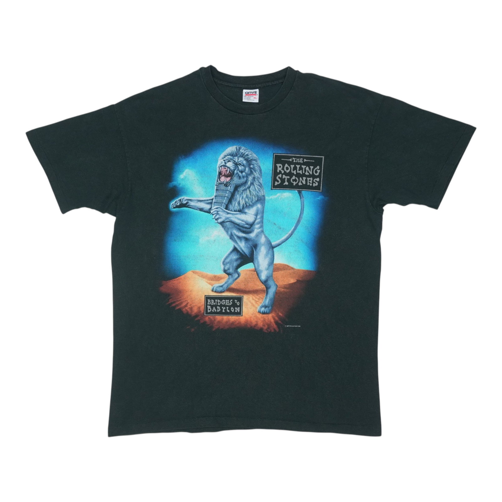 Vintage 1997 Bridges To Babylon Black Cotton XL Tour T-Shirt: Vintage 1997 Bridges To Babylon Black Cotton XL Tour T-Shirt This is an original vintage 1997 Rolling Stones Bridges To Babylon Tour Shirt. It features front and back graphics and is made of 100% cott