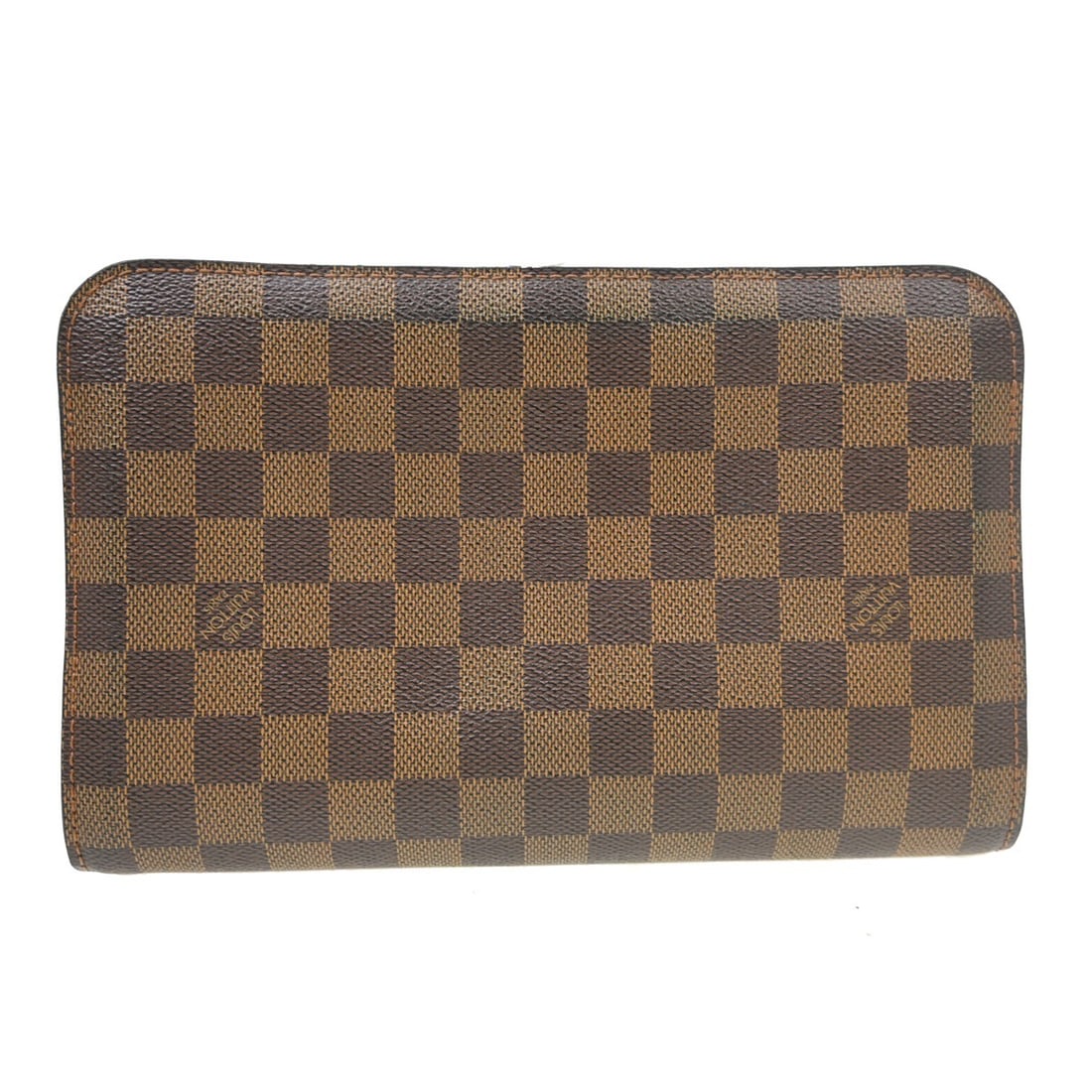 Louis Vuitton Orsay clutch Damier Ebene canvas brown N51993: Louis Vuitton Orsay clutch Damier Ebene canvas brown N51993 Vintage Louis Vuitton Saint Louis clutch in Damier Ebene with brown leather trim and a zip closure. This small clutch features one exterior 