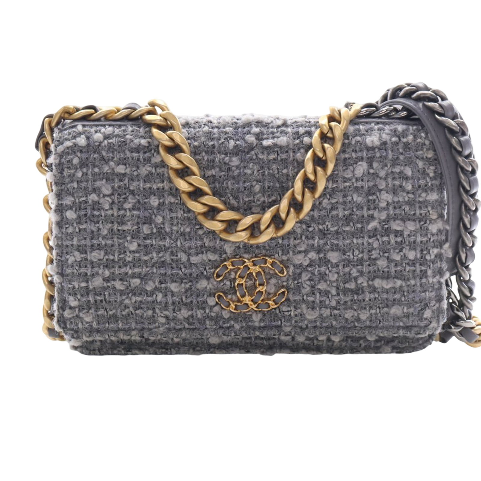 Chanel 19 Tweed Wallet On Chain Gray Fabric: Chanel 19 Tweed Wallet On Chain Gray Fabric This Chanel Tweed 19 Wallet On Chain features a gray tweed fabric body, complemented by a gold-tone chain handle and a leather-woven chain strap with a leat