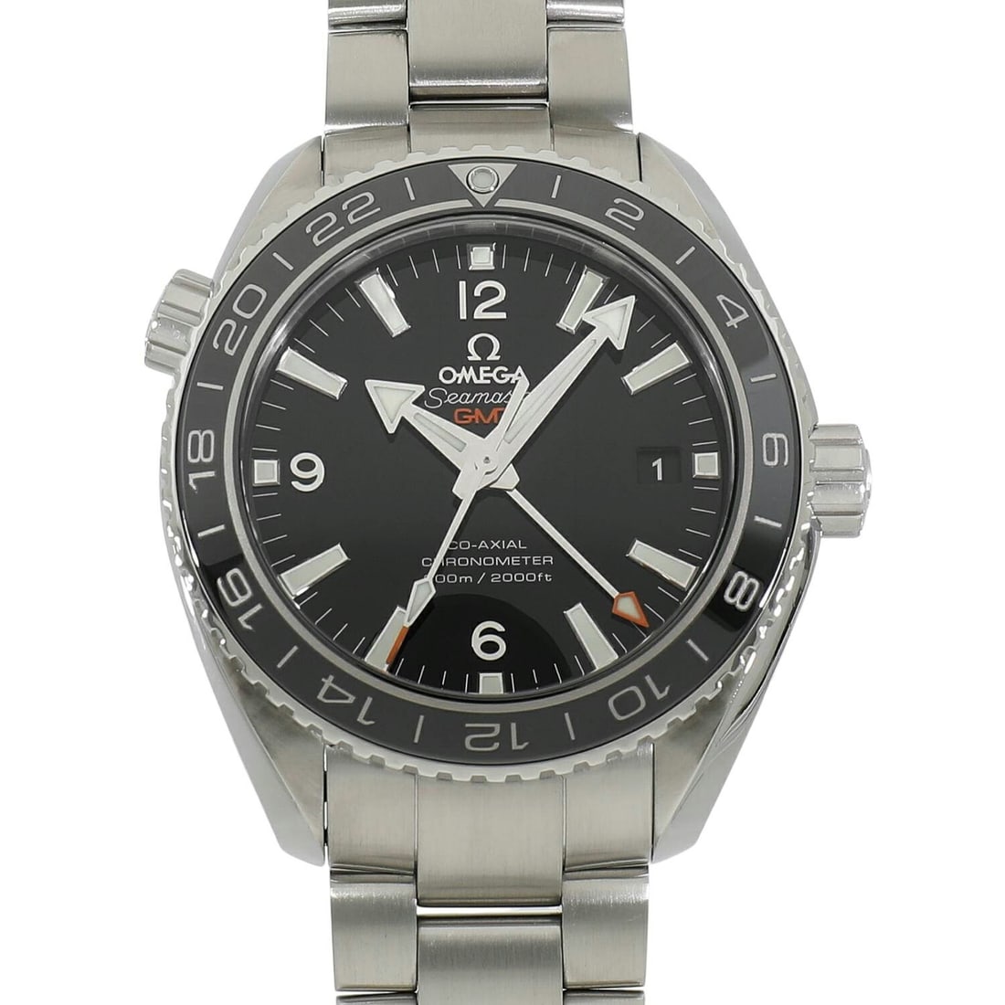 OMEGA Planet Ocean GMT Seamaster Men's Wristwatch: OMEGA Planet Ocean GMT Seamaster Men's Wristwatch This OMEGA Seamaster Planet Ocean 600M Co-Axial Chronometer GMT is a Swiss-made wristwatch designed for men. It is a pre-owned timepiece that combines