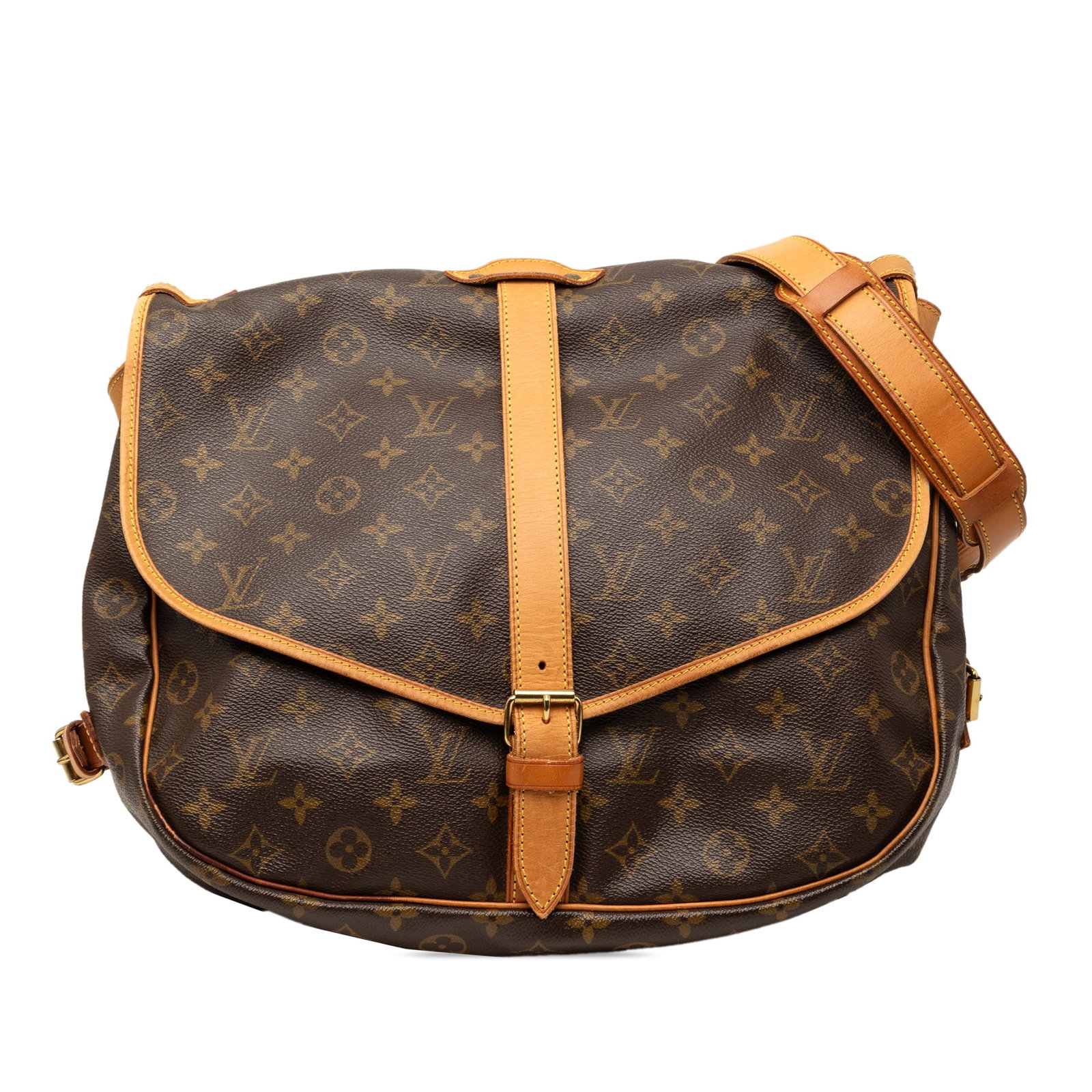 Louis Vuitton Saumur 35 Monogram Canvas Shoulder Bag: Louis Vuitton Saumur 35 Monogram Canvas Shoulder Bag Louis Vuitton Monogram Saumur 35 shoulder bag in brown monogram canvas with vachetta leather trim. It features an adjustable flat vachetta leather 