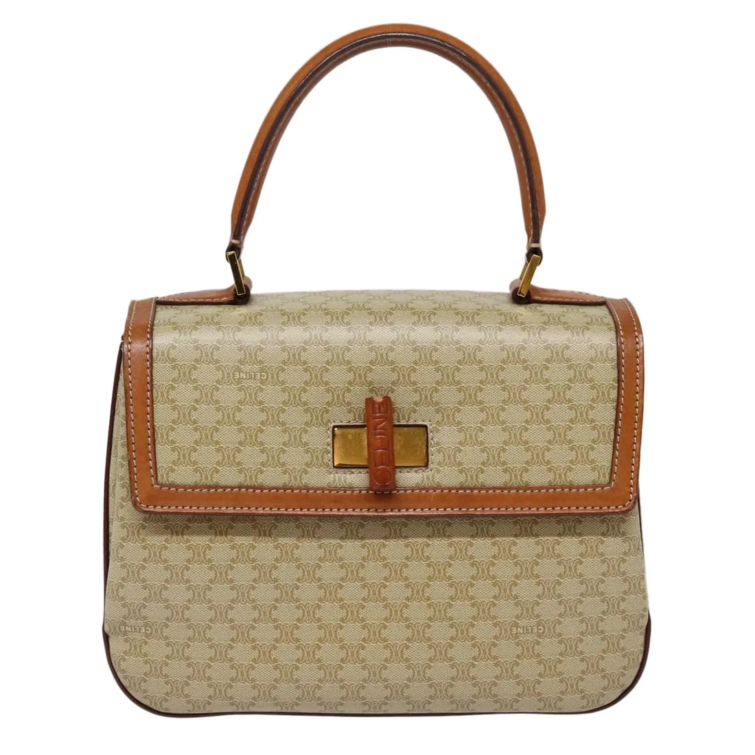 Macadam Coated Canvas Convertible Vintage Top Handle Bag by Celine: Macadam Coated Canvas Convertible Vintage Top Handle Bag by Celine This Celine vintage convertible top handle bag features the iconic Macadam coated canvas in beige, designed for women. The bag offers