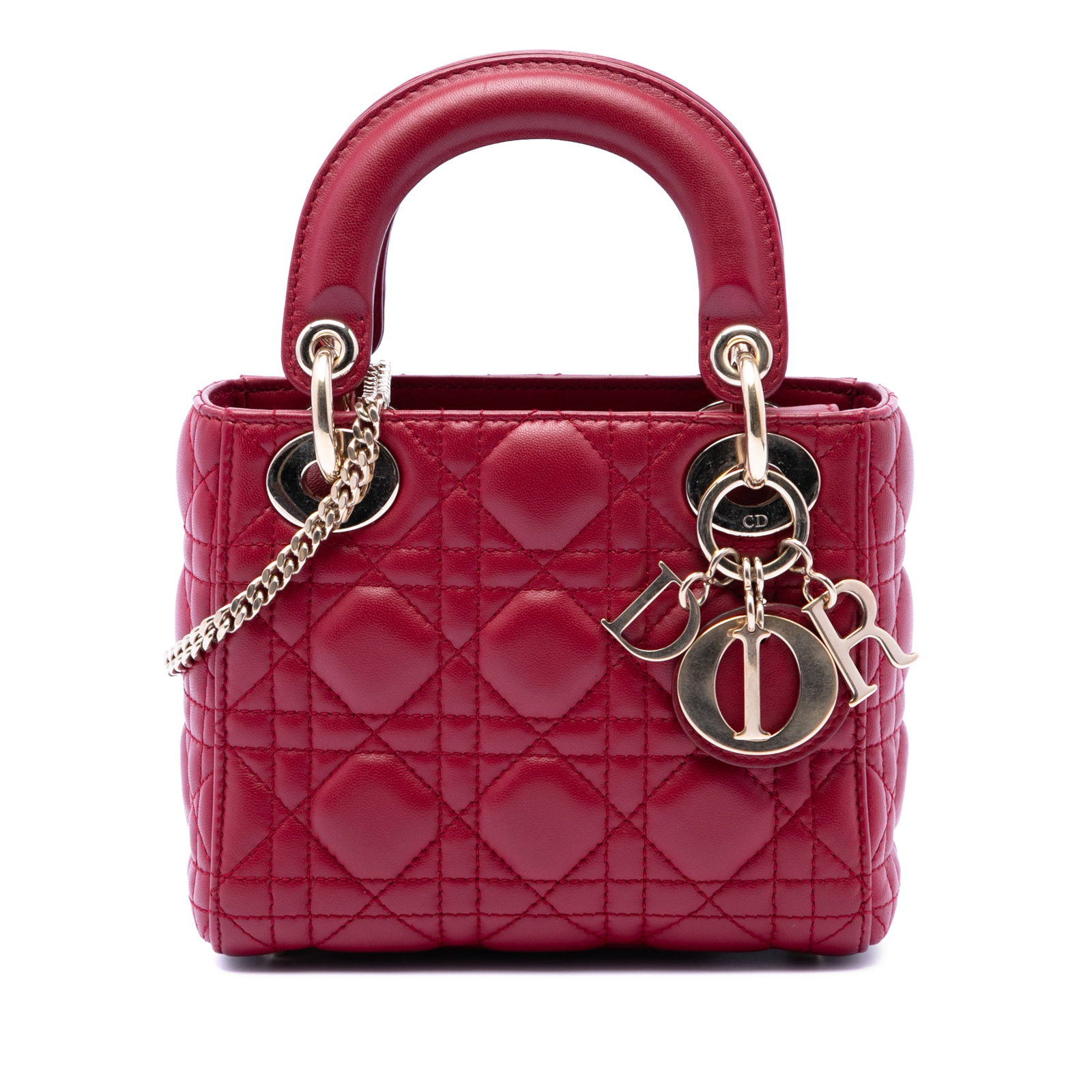 Dior Mini Cannage Lady Lambskin Red Bag: Dior Mini Cannage Lady Lambskin Red Bag This Mini Lambskin Cannage Lady Dior bag showcases a quilted lambskin leather exterior in red, complemented by flat leather top handles and a detachable chain l