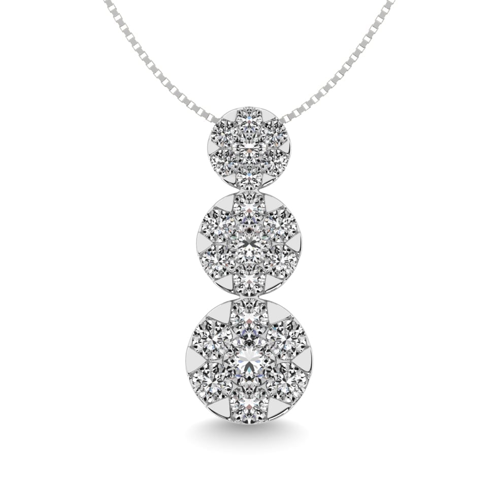 Diamond 1 Ct.tw Three Stone Flower Pendant in 14K White Gold: Diamond 1 Ct.tw Three Stone Flower Pendant in 14K White Gold 14k White Gold Stone Color: G-h Stone Clarity: Si2 Unless otherwise specified, pendants that include a chain are paired with our standard 1
