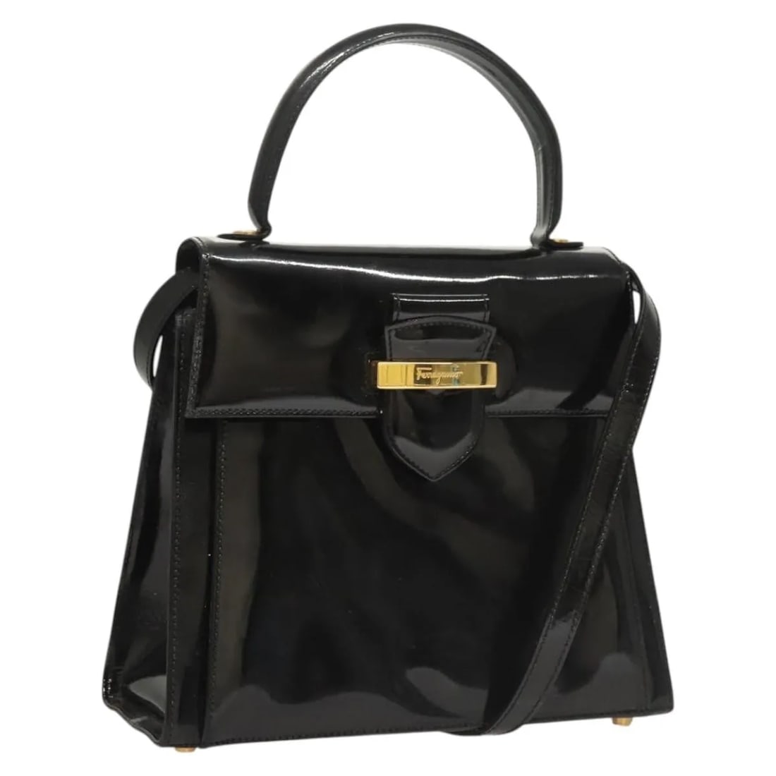 Salvatore Ferragamo Vintage black patent leather handbag: Salvatore Ferragamo Vintage black patent leather handbag Vintage Salvatore Ferragamo handbag in black patent leather. This women's bag is made in Italy and remains in good vintage condition with hones