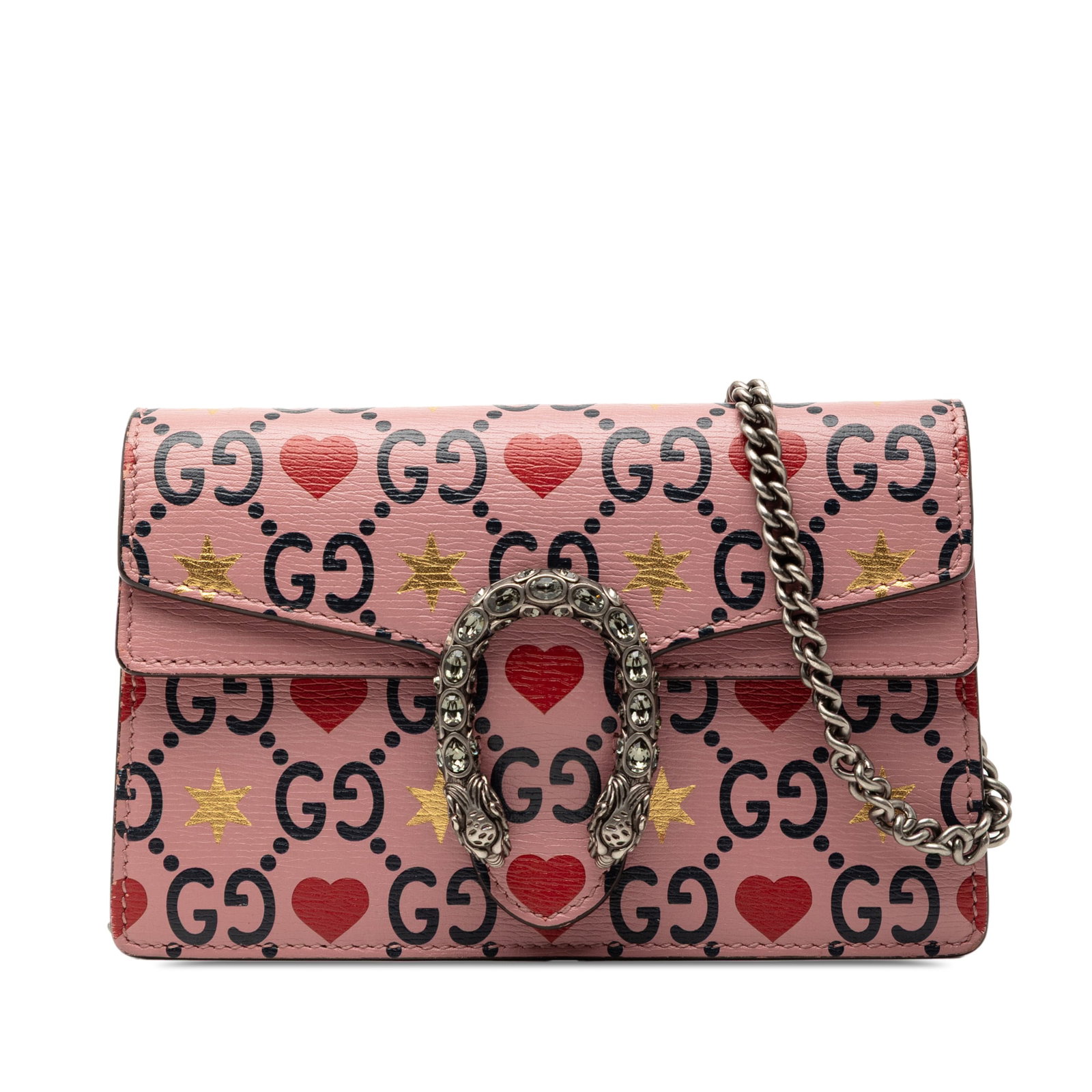 Gucci Dionysus Mini Pink Leather Valentine's Day Crossbody Bag: Gucci Dionysus Mini Pink Leather Valentine's Day Crossbody Bag This Gucci Mini Dionysus crossbody bag is crafted from printed textured leather in pink. It features a detachable chain link strap and a 