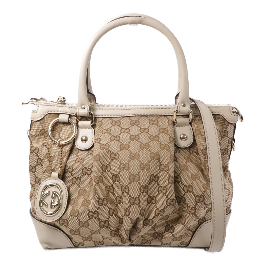 Gucci GG canvas calfskin beige 2 way shoulder bag 247902: Gucci GG canvas calfskin beige 2 way shoulder bag 247902 This Gucci 2-way shoulder bag features a combination of calfskin leather and GG canvas in a beige color. Designed for versatility, it can be ca