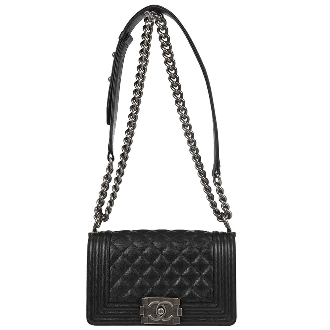 CHANEL Boy Chanel Mini Black Caviar Leather Shoulder Bag: CHANEL Boy Chanel Mini Black Caviar Leather Shoulder Bag Boy Chanel small chain shoulder bag in black caviar skin leather with a clasp flap closure, chain shoulder strap, fabric lining, and one interi