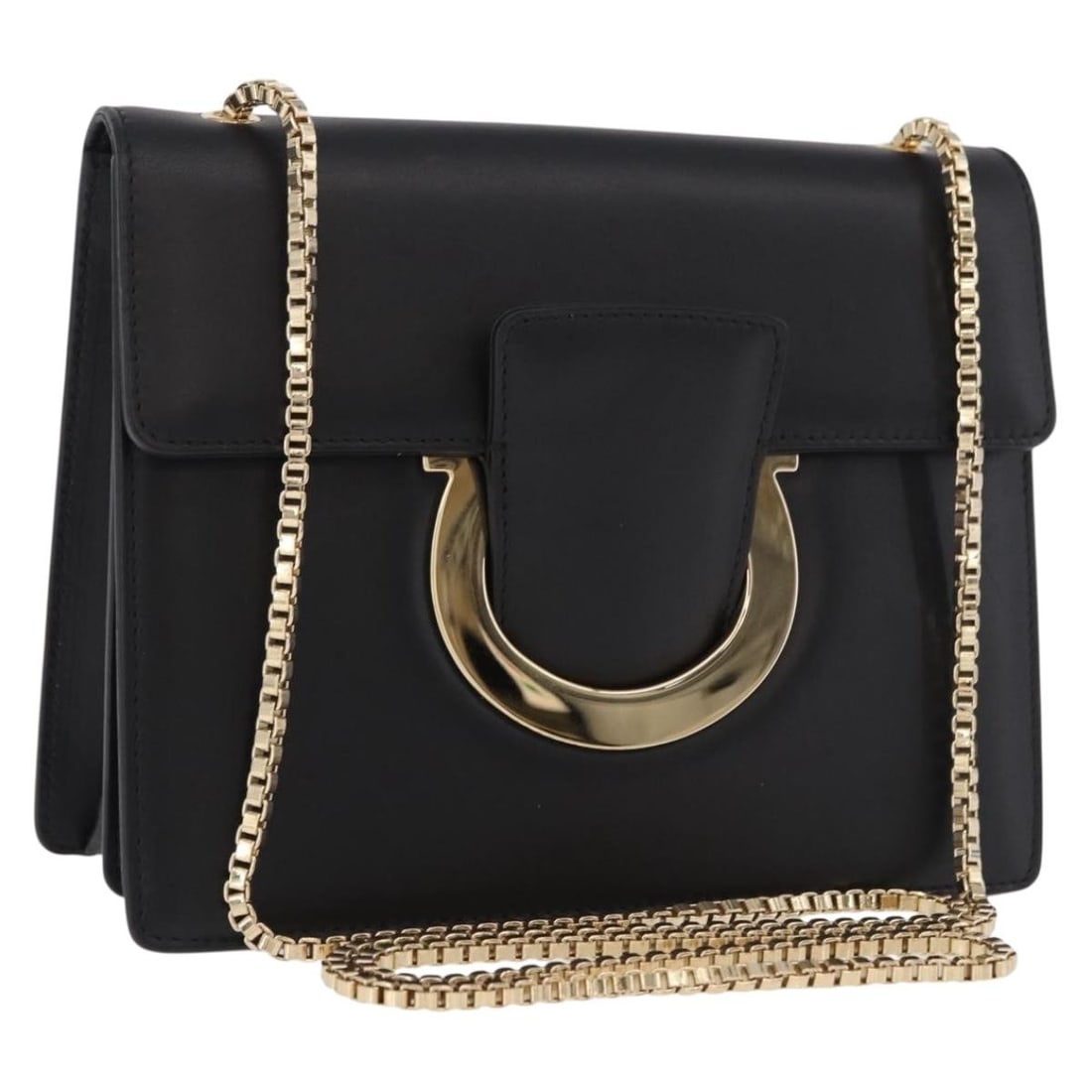 Black Leather Shoulder Bag Salvatore Ferragamo Gancini Chain: Black Leather Shoulder Bag Salvatore Ferragamo Gancini Chain Salvatore Ferragamo Gancini chain shoulder bag in black leather with gold-tone accents. Made in Italy, this women's shoulder bag includes o
