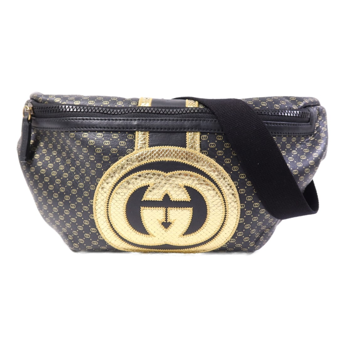 Gucci Dapper Dan Black Calfskin GG Waist Bag with Gold Hardware: Gucci Dapper Dan Black Calfskin GG Waist Bag with Gold Hardware This Gucci GG Dapper Dan waist bag is crafted from black calfskin leather and features gold-tone hardware. Designed for women, it offers