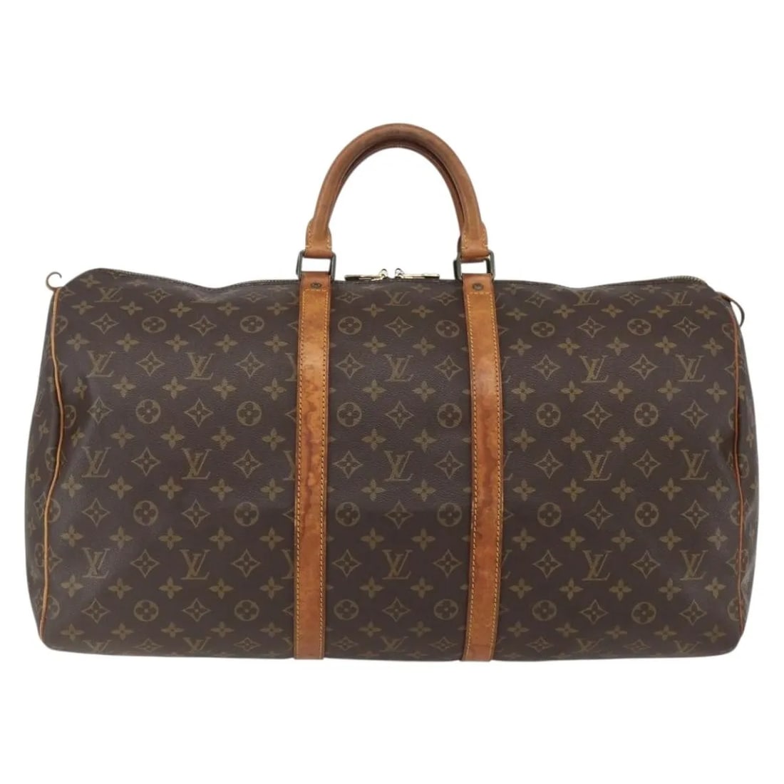 Louis Vuitton Keepall Monogram Brown Canvas Travel Bag 55cm: Louis Vuitton Keepall Monogram Brown Canvas Travel Bag 55cm This Louis Vuitton Keepall bag features the iconic monogram canvas in brown, designed for unisex use. The bag shows signs of wear, including