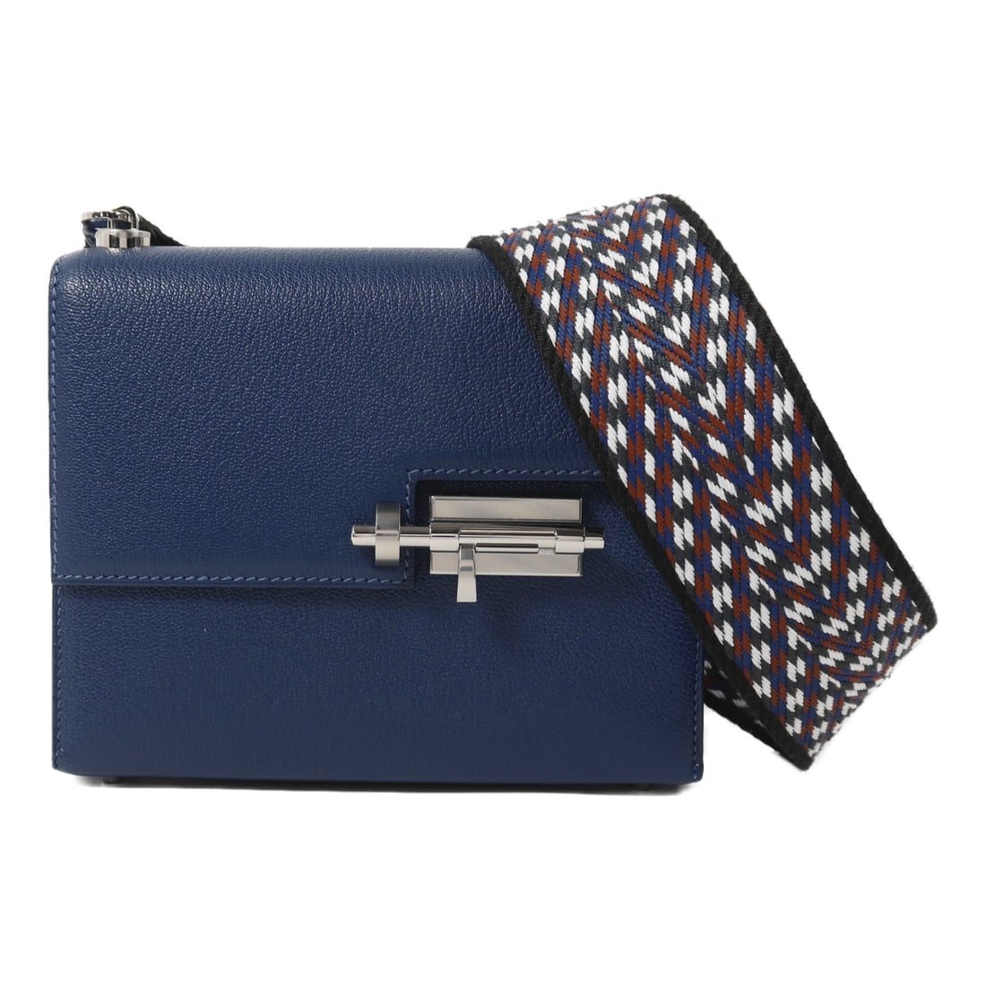 Hermes Verrou Mini goatskin blue shoulder bag PHW: Hermes Verrou Mini goatskin blue shoulder bag PHW This Hermes Verrou Mini shoulder bag is crafted from high-quality goatskin leather in a striking blue shade. Featuring a sleek and compact silhouette,