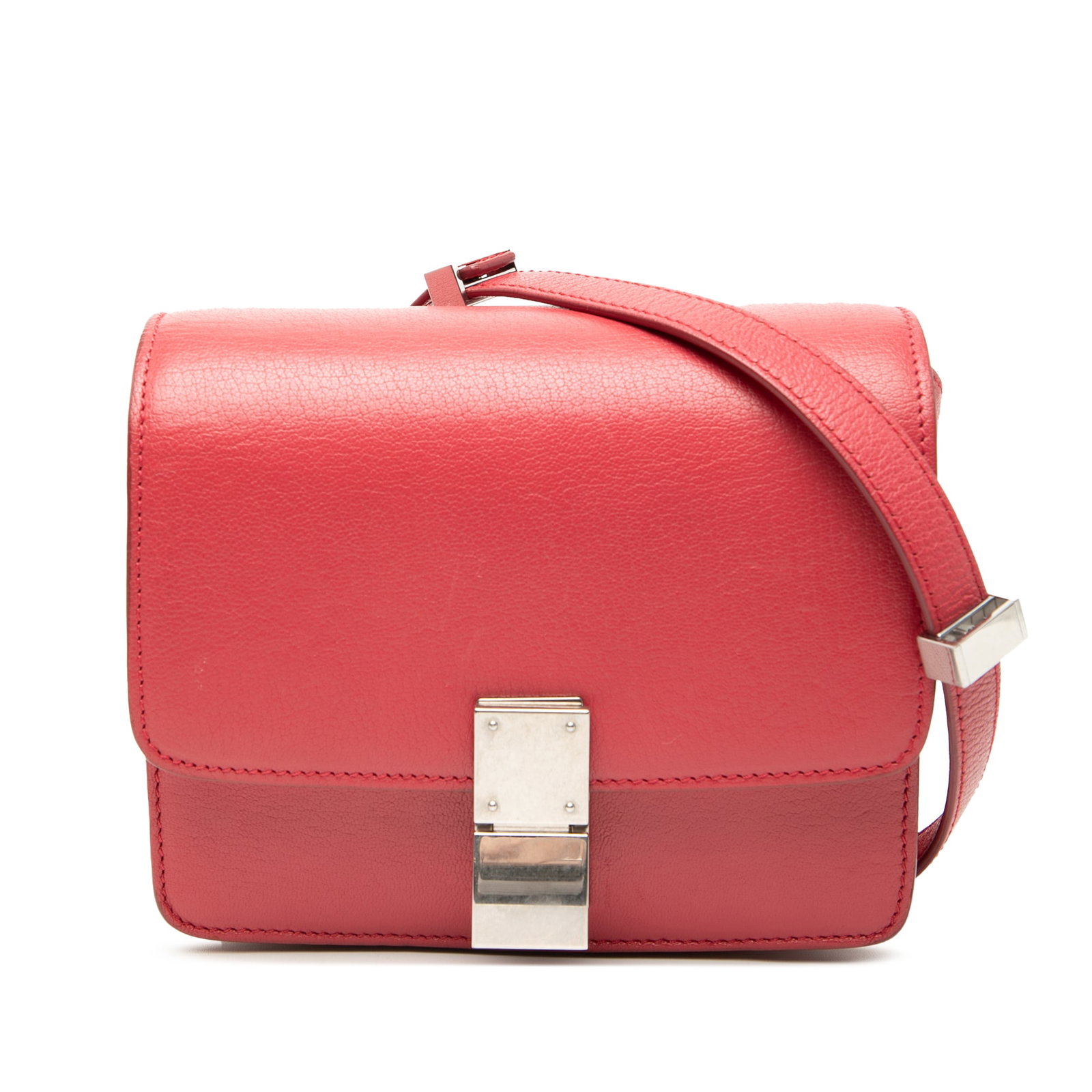 Celine Classic Box Small Red Leather Crossbody Bag: Celine Classic Box Small Red Leather Crossbody Bag The Celine Small Calfskin Classic Box is a crossbody bag crafted from leather, featuring a flat leather strap, a front flap with a push lock closure,