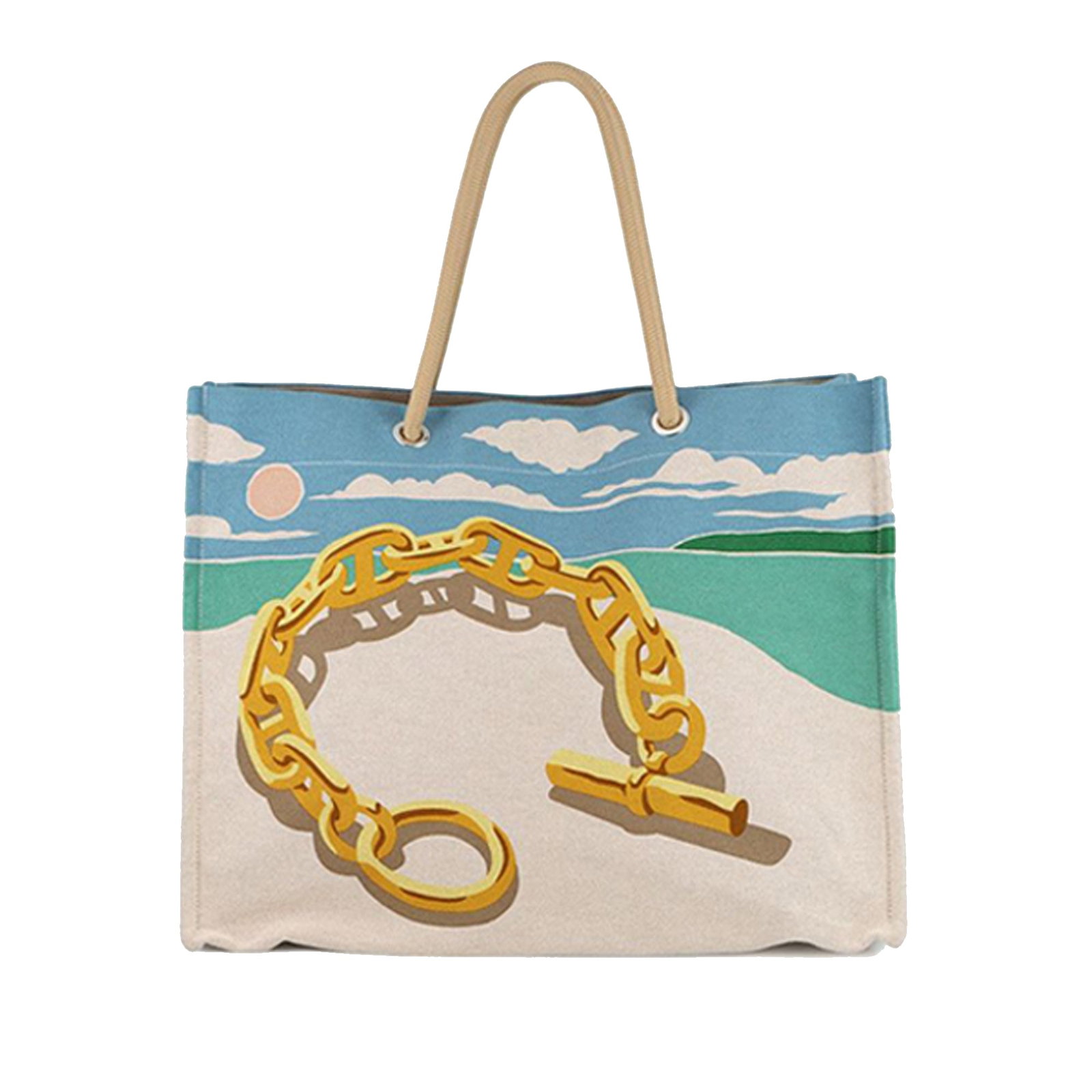 Toile Escale a la Plage Canvas Tote with Rope Handles by Hermes: Toile Escale a la Plage Canvas Tote with Rope Handles by Hermes The Hermes Toile Escale a la Plage Beach Bag features a canvas body with rolled rope handles, an open top, and interior slip pockets. Th