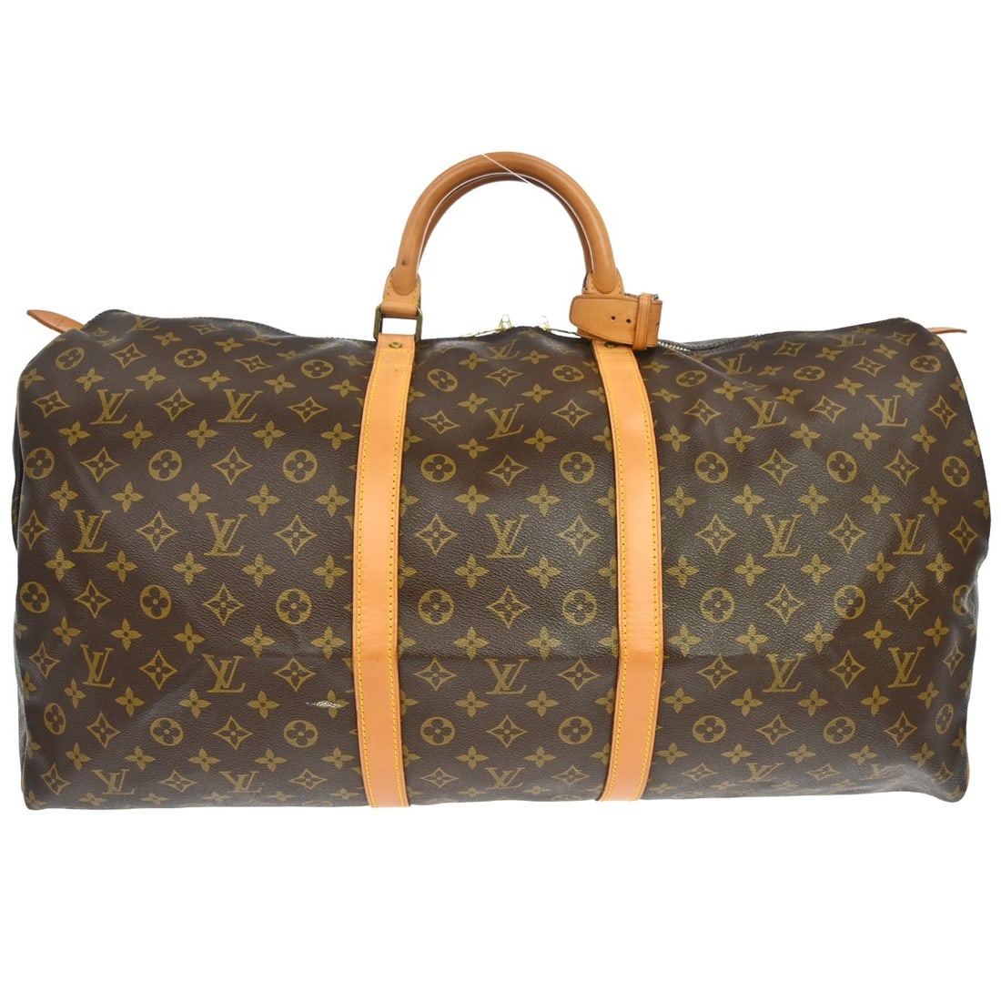 Louis Vuitton Keepall 60 Monogram Canvas Duffle Bag M41422: Louis Vuitton Keepall 60 Monogram Canvas Duffle Bag M41422 Vintage Louis Vuitton Keepall 60 travel handbag in brown Monogram canvas with leather trim and double handles. This extra large duffle-style 