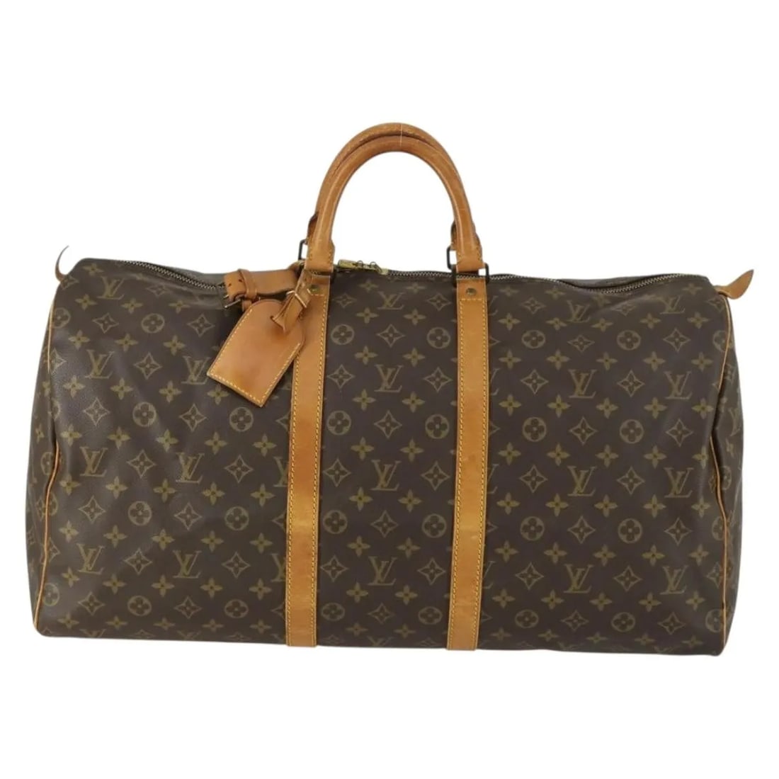 Louis Vuitton Keepall Monogram Canvas Unisex Travel Bag 55cm: Louis Vuitton Keepall Monogram Canvas Unisex Travel Bag 55cm This Louis Vuitton Keepall Bag features the signature monogram canvas in brown, designed for unisex use. The bag displays surface wear incl