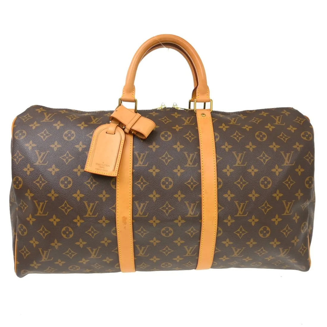 Louis Vuitton Keepall Monogram Canvas Travel Bag: Louis Vuitton Keepall Monogram Canvas Travel Bag This Louis Vuitton Keepall bag features the iconic monogram canvas in brown and is designed for unisex use. The bag shows visible signs of wear, includ