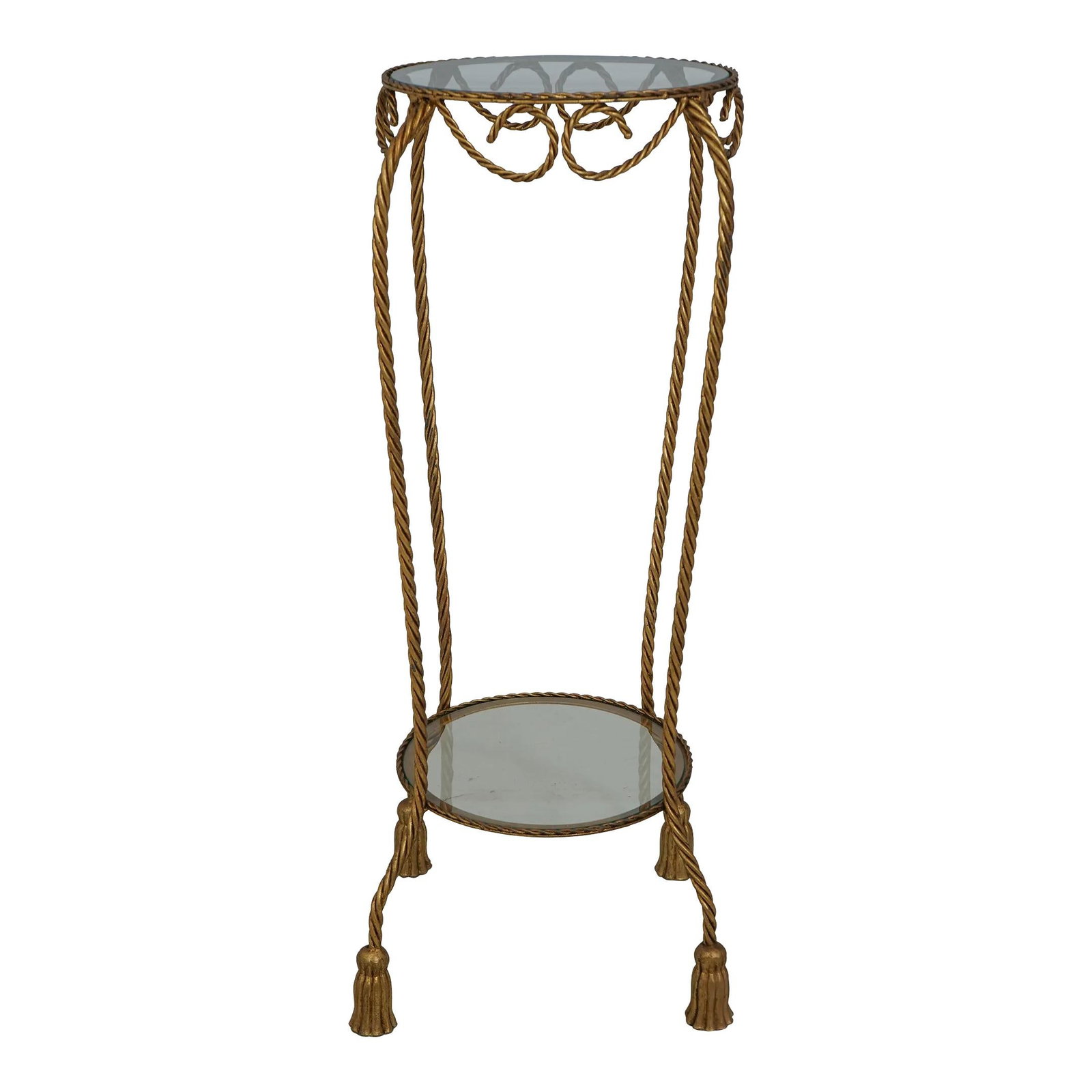 Corda Gold Finish Forged Iron Tall Tier Table 39 Inch Rope Design: Corda Gold Finish Forged Iron Tall Tier Table 39 Inch Rope Design This authentic Corda tall tier table features a stunning rope and tassel design crafted from forged iron with a luxurious gold finish.