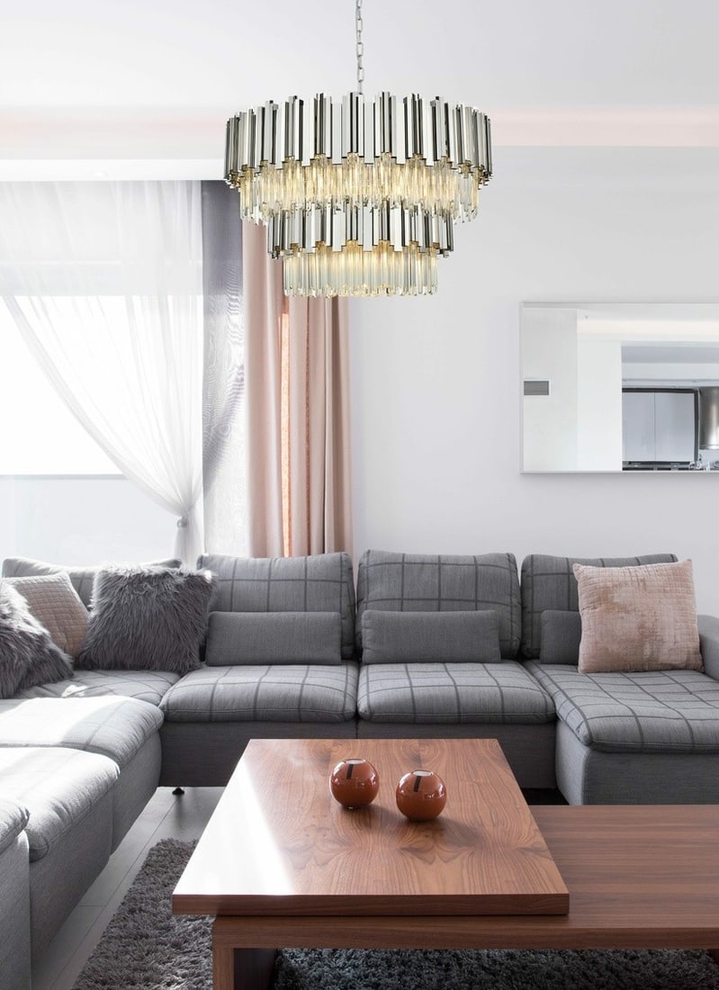 Willow 12-Light Chrome Crystal Pendant Chandelier 32 inch: Willow 12-Light Chrome Crystal Pendant Chandelier 32 inch This modern crystal chandelier features a polished chrome frame adorned with clear royal cut crystals, offering a sophisticated lighting solut