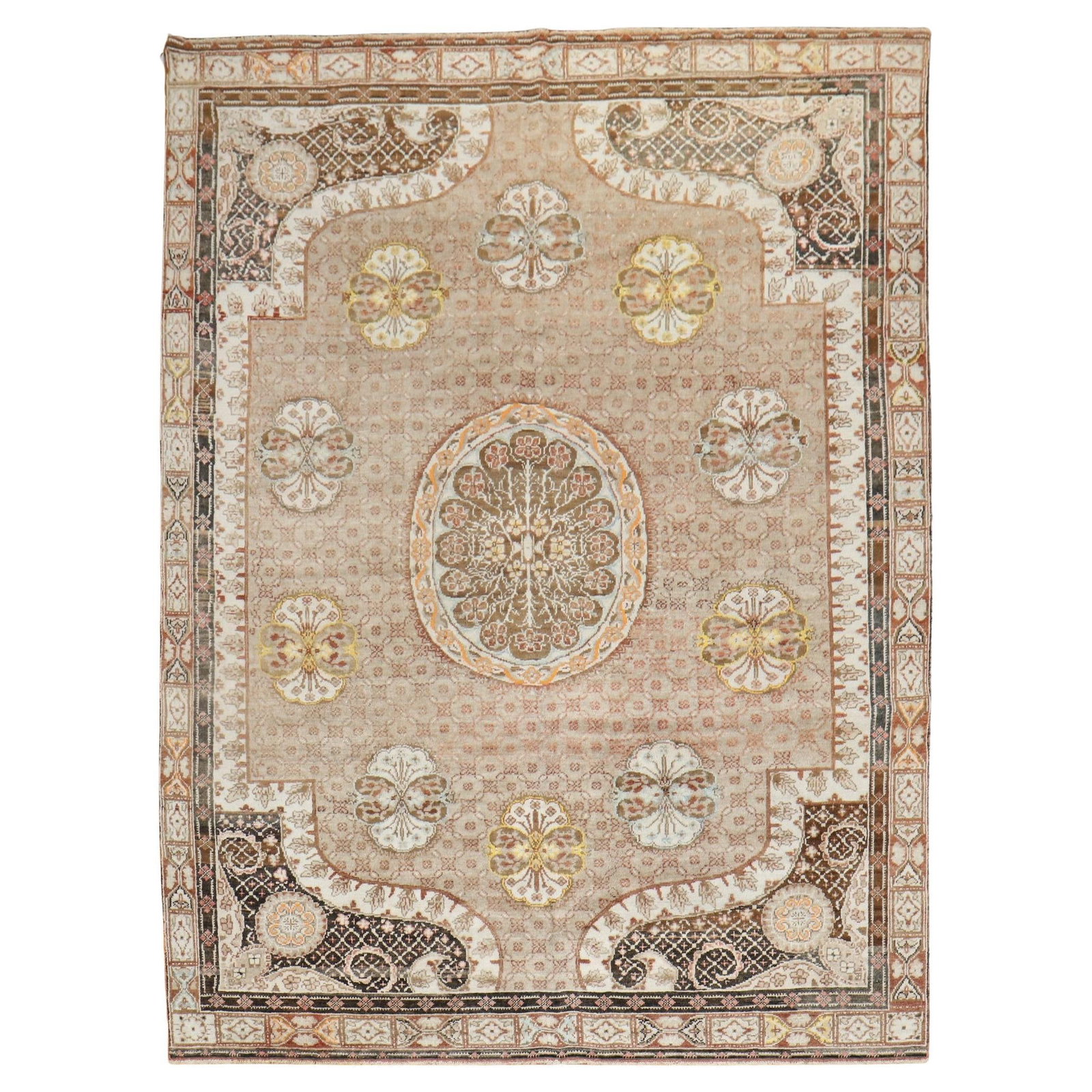 Mid-Century Turkish Kars Hand-Knotted Wool Rug 79 x 101: Mid-Century Turkish Kars Hand-Knotted Wool Rug 79 x 101 Introducing a stunning mid-20th century Turkish Kars rug, beautifully crafted with a formal design in rich brown tones. This rug showcases the a