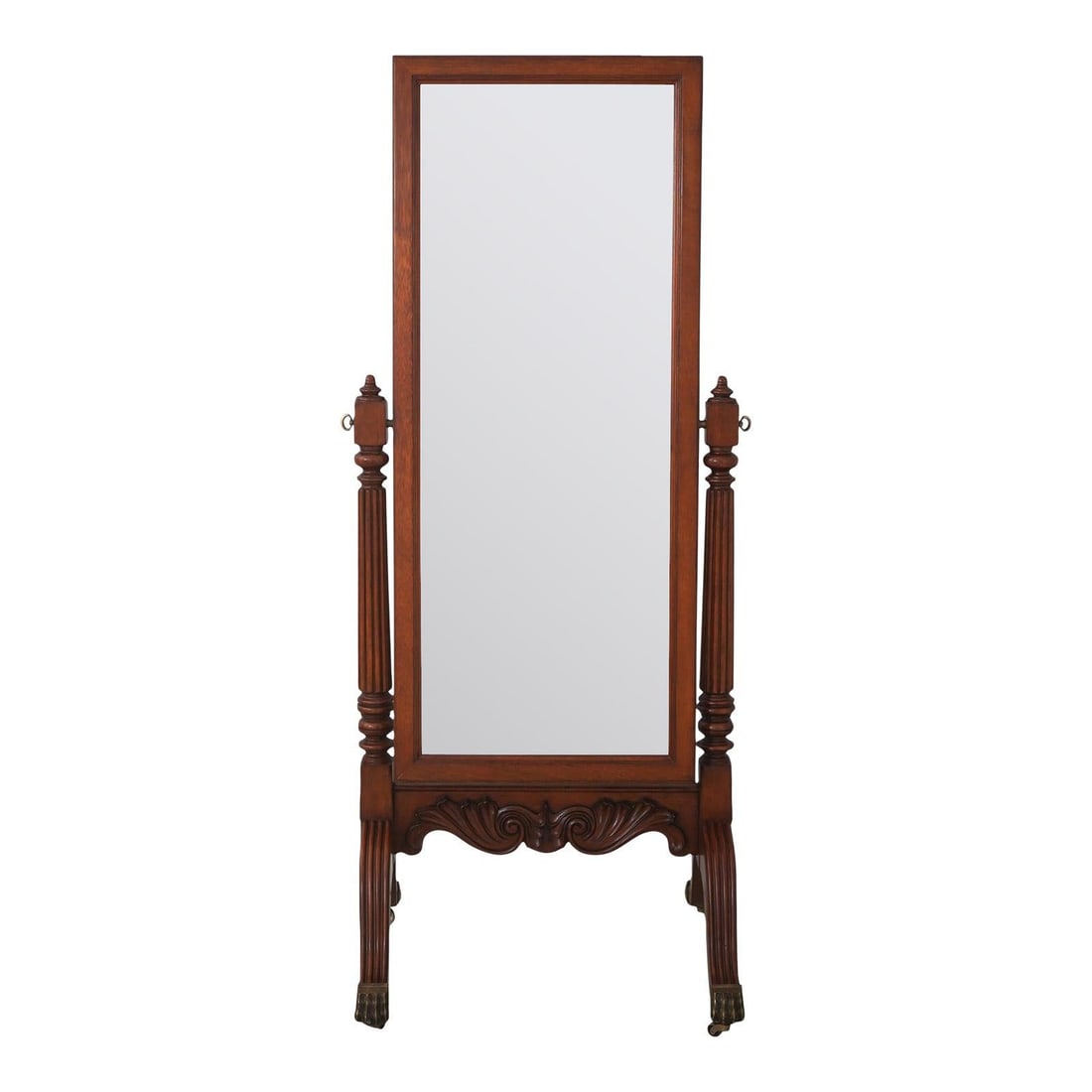 29w x 26.5d x 68h Ethan Allen mahogany cheval mirror: 29w x 26.5d x 68h Ethan Allen mahogany cheval mirror Tall cheval dressing mirror in mahogany with a beveled glass mirror, light factory distressing, mahogany paw feet, brass-capped feet with casters, 