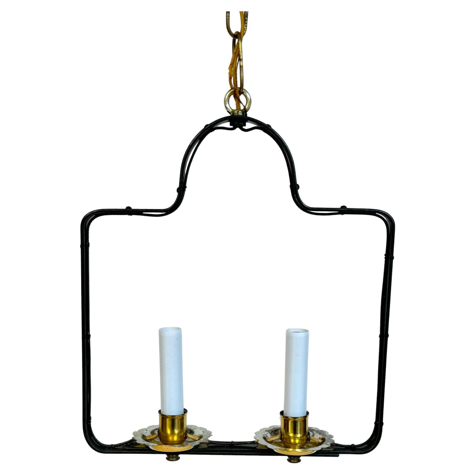1950s French Modern Wrought Iron 2-Light Lantern in Adnet Style: 1950s French Modern Wrought Iron 2-Light Lantern in Adnet Style Introducing a stunning French Modern Stitched Wrought Iron 2-Light Lantern, inspired by the style of Jacques Adnet. Crafted in the 1950s