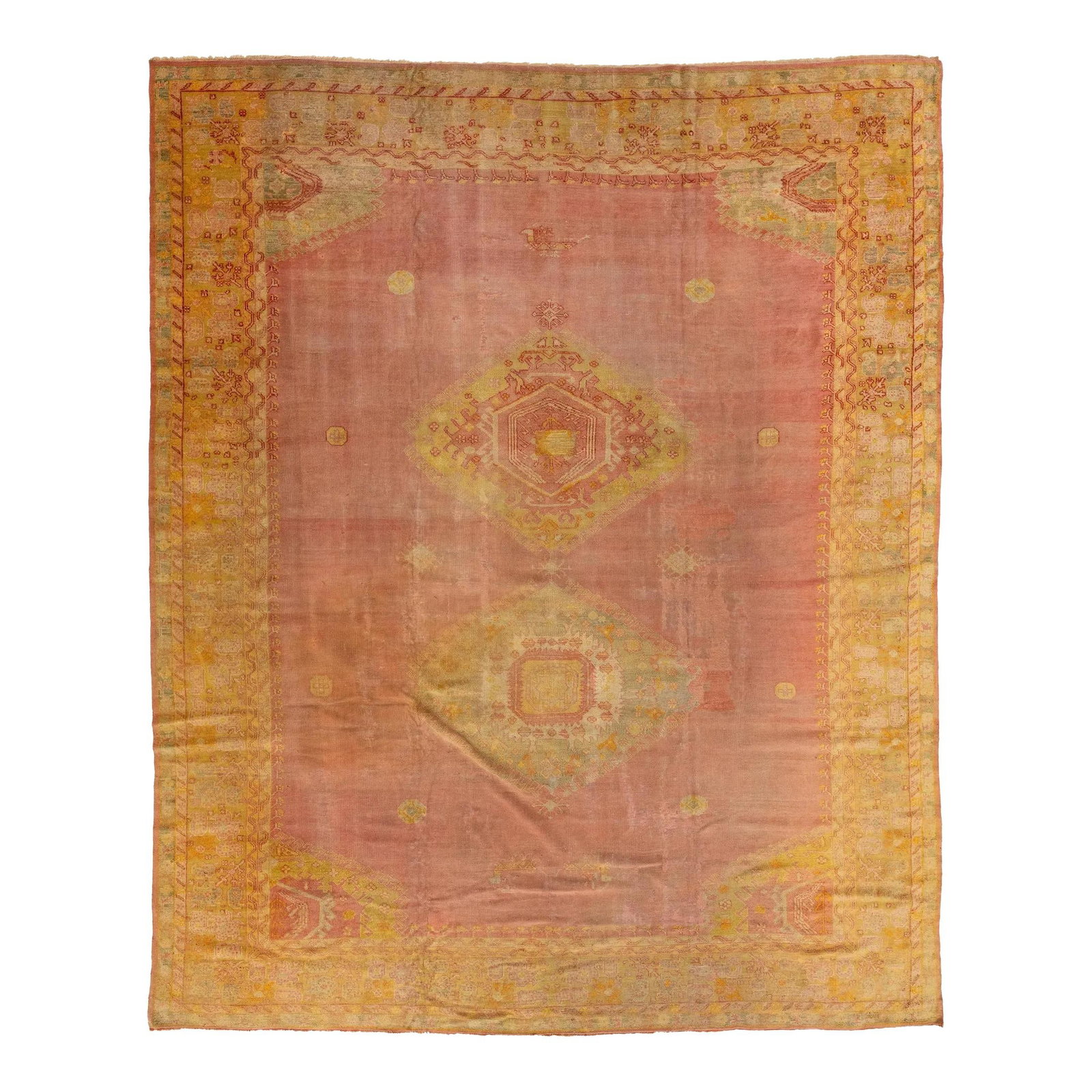 Antique Turkish Oushak Wool Rug Handmade Terracotta 11'7 x 14'2: Antique Turkish Oushak Wool Rug Handmade Terracotta 11'7 x 14'2 This exquisite antique Turkish Oushak rug showcases a stunning terracotta color field, complemented by intricate medallion motifs in yel