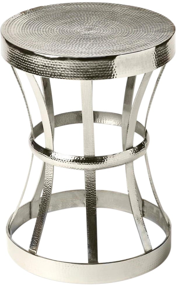 Butler Modern Silver Hourglass Side Table Industrial Chic: Butler Modern Silver Hourglass Side Table Industrial Chic The Modern Silver Hourglass Side Table is a stylish addition to any contemporary space. This round side table, designed by Butler, features an