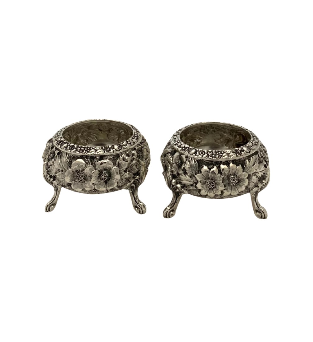 Antique Stieff 925 Sterling Silver Floral Repousse Salt Holders Pair (1 of 4)