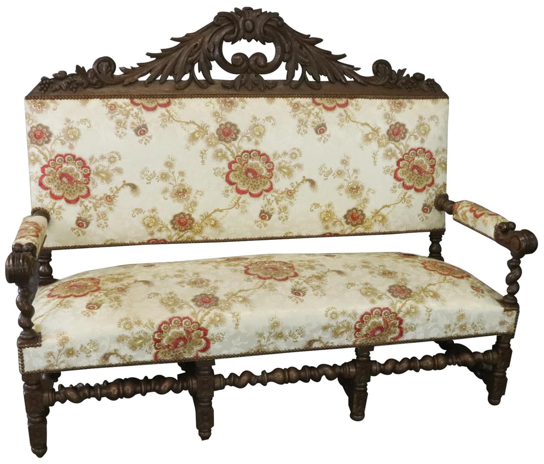 Antique French Carved Oak Settee 1880 Hunting Style Champagne Coffee Finish (1 of 13)