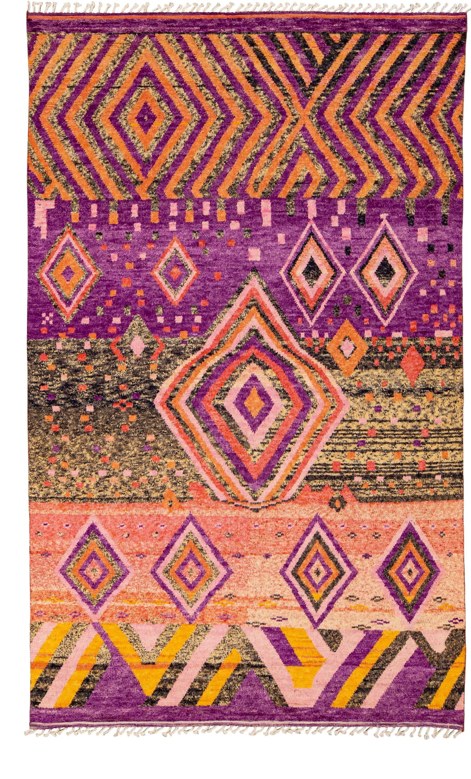Handmade Moroccan Style Wool Rug Purple Peach Boho Design 9'4 x 15': Handmade Moroccan Style Wool Rug Purple Peach Boho Design 9'4 x 15' Enhance your living space with this stunning modern oversize Moroccan style handmade wool rug. Featuring a vibrant purple and peach 