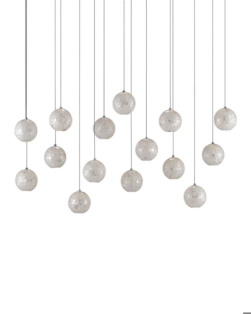 Currey Finhorn 15-Light Multi-Drop Pendant Lamp Mother of Pearl Dimmable: Currey Finhorn 15-Light Multi-Drop Pendant Lamp Mother of Pearl Dimmable Illuminate your space with the Finhorn 15-Light Multi-Drop Pendant Lamp, a stunning addition to any lighting collection. This e